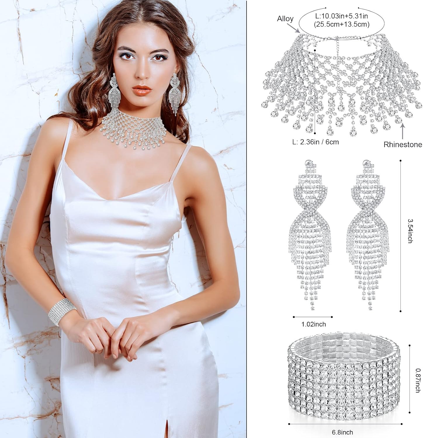 3 Pcs Women Crystal Jewelry Set Includes Bridal Wedding Rhinestone Choker Necklace Crystal Bracelets and Dangle Earrings - Image 3