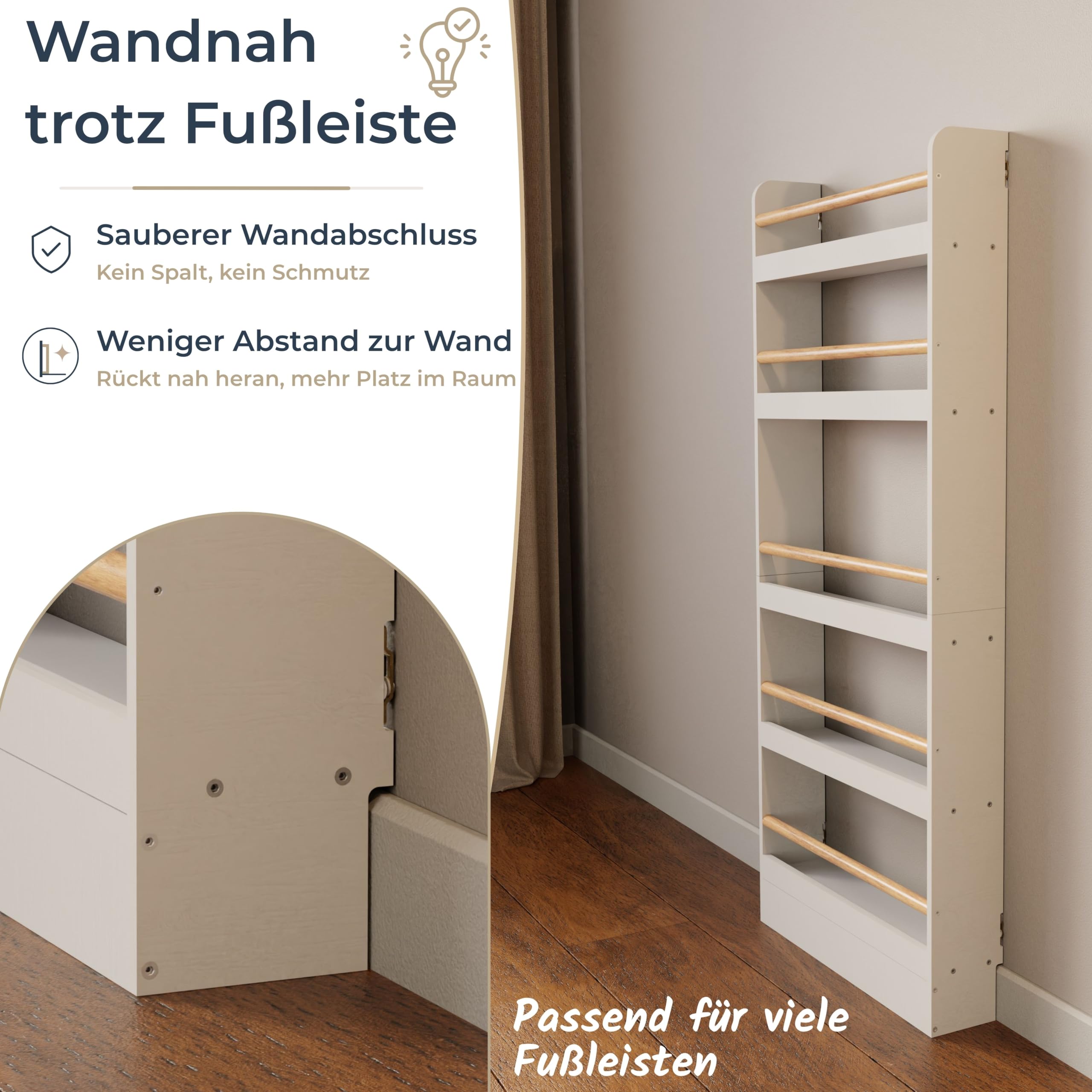 Bücherregal Kinder mit 5 Ablagen, Montessori Kinderbücherregal zur Wandmontage, Wandregal für Bücher, Toniebox & Spielzeug, Weiß/Natur, 60×15×150 cm