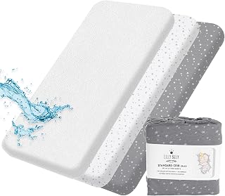 Lilly B. Pack of 3 Crib Sheets - 100% GOTS Organic Cotton - 2 Fitted Crib Sheets Neutral with 1 Waterproof Mattress Protector for Baby Boys and Girls, fits All Shapes up to (52Lx 28Wx 6H) Inch