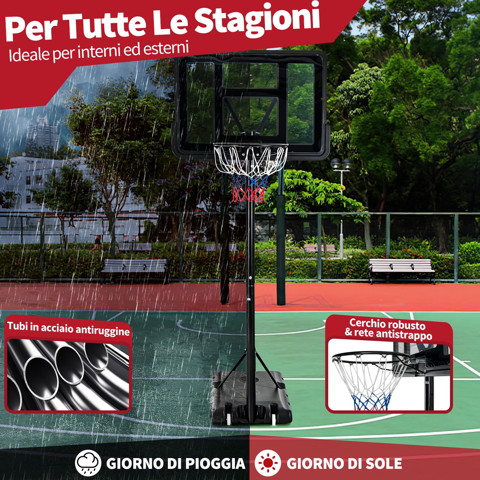 COSTWAY Canestro da Basket Portatile per Adulti, Canestro Basket Regolabile in Altezza 1,3M-3,05M con Ruote Tabellone Infrangibile e Retina Durevole, Adatto a Interno Esterno, Nero