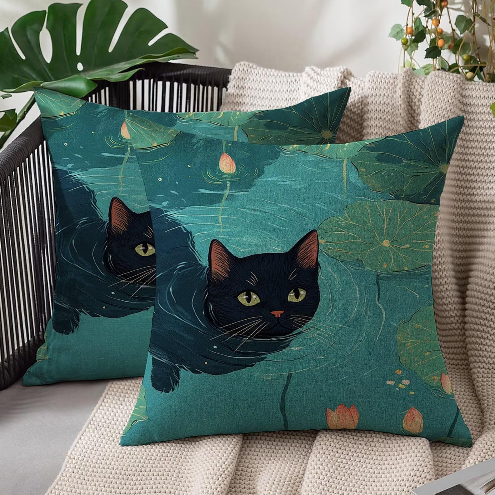 Housse coussin 50 x 50 cm pour canapé de salon et de jardin avec motif chat et texture en lin