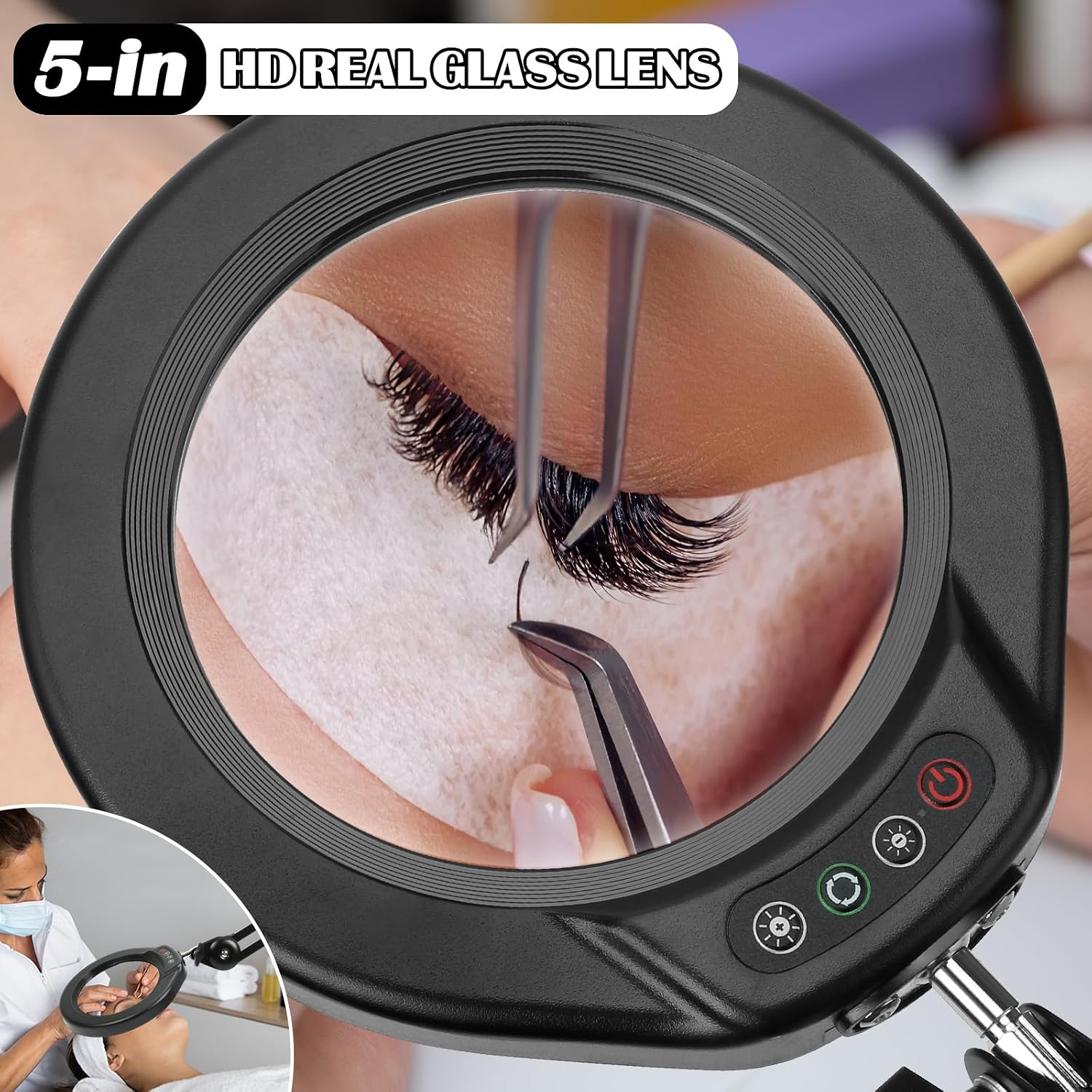 5 Inch Magnifying Glass with Light and Clamp, 5 Color Modes Brightness Stepless Dimmable, Long Swivel Arm Lighted Magnifier Hands Free for Close Work, Crafts - Black