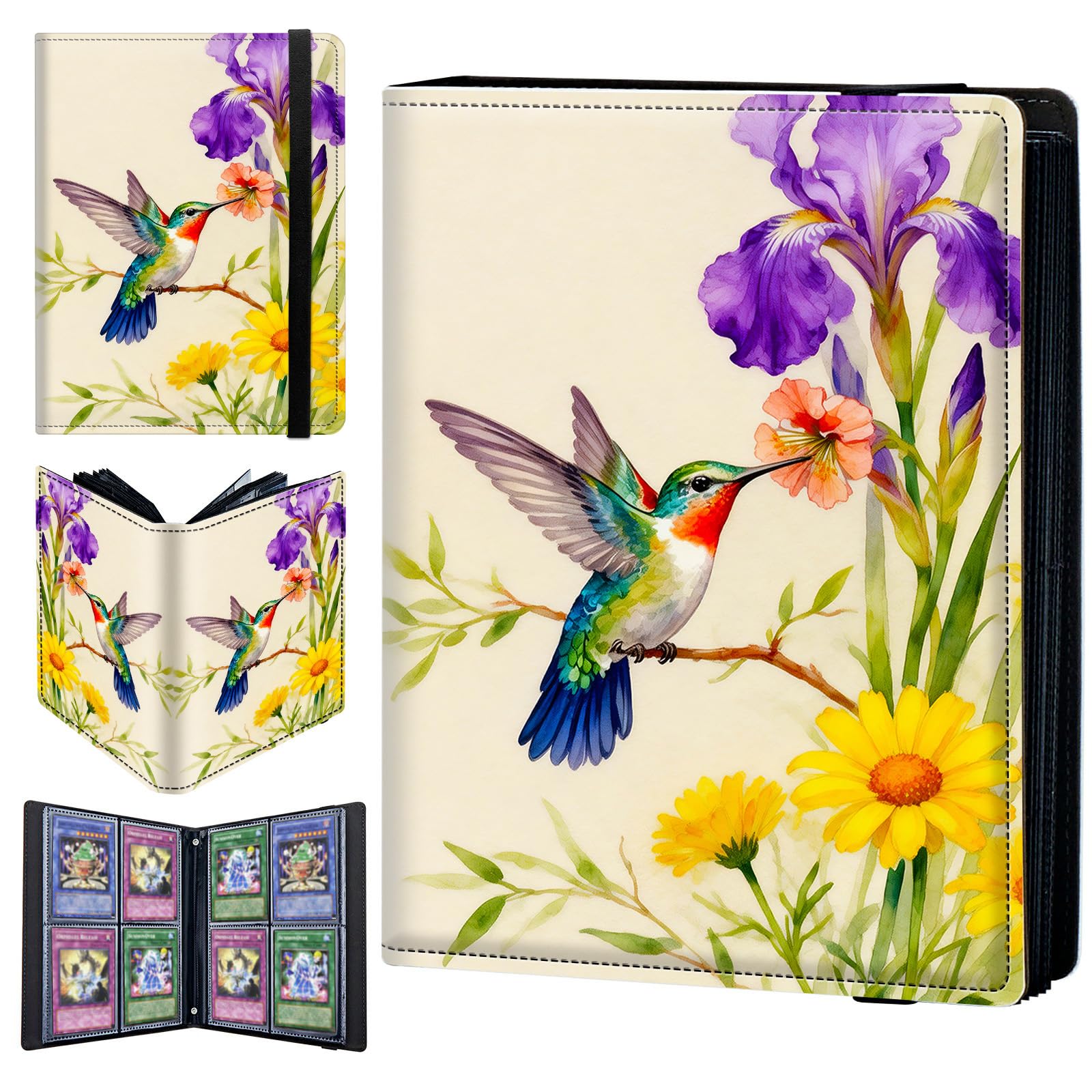 4 Pocket Trading Card Binder 320 Side Loading Pocket Album with Watercolor Flowers Hummingbirds Pattern Design Card Binder for Sports Cards & Game Cards