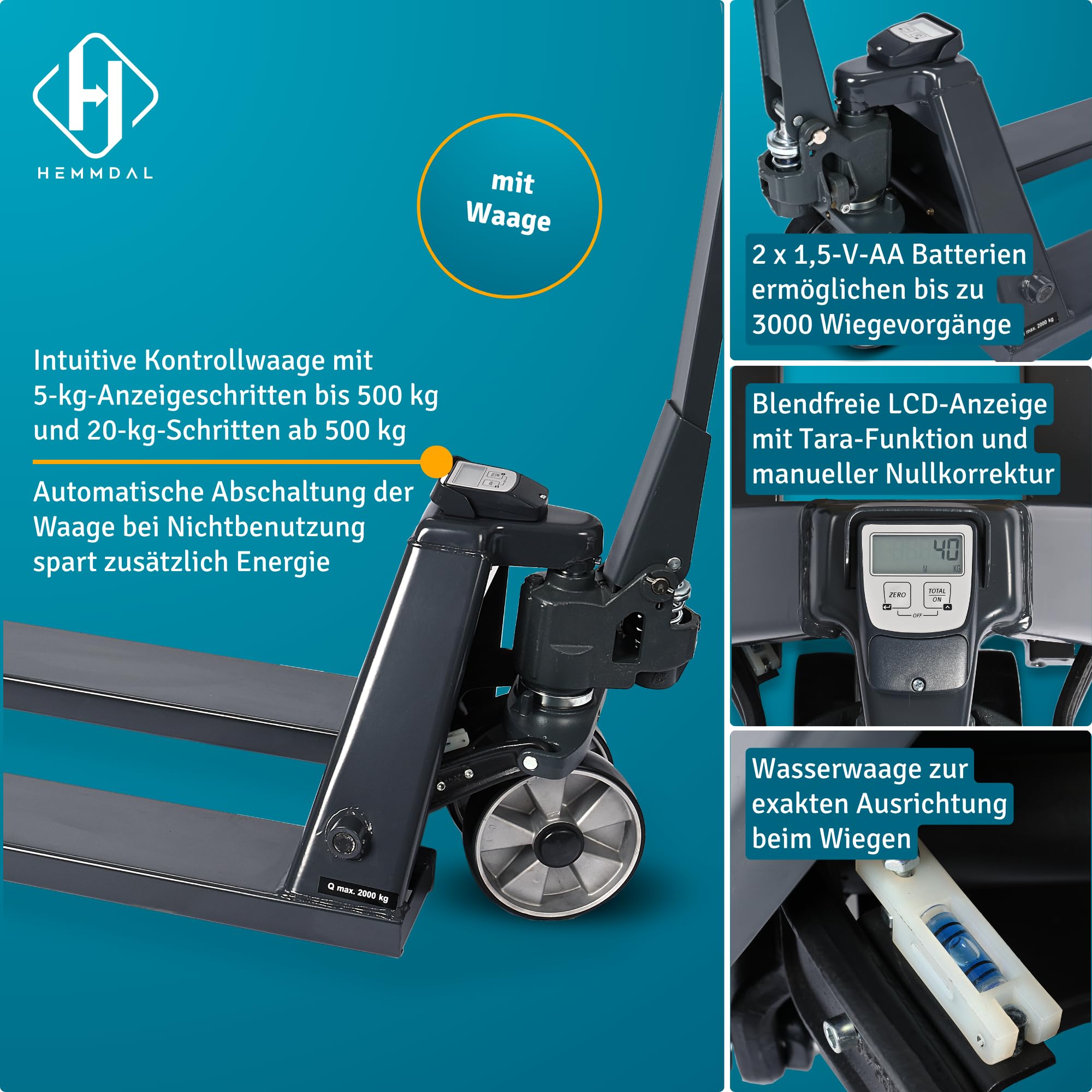 HEMMDAL Hubwagen PTM mit Waage | Display mit 5 kg Schritten | 2.000 kg Tragkraft | 1.150 mm Gabellänge | Polyurethan Lenkrad | Polyurethan Tandem-Gabelrollen | Wiegehubwagen