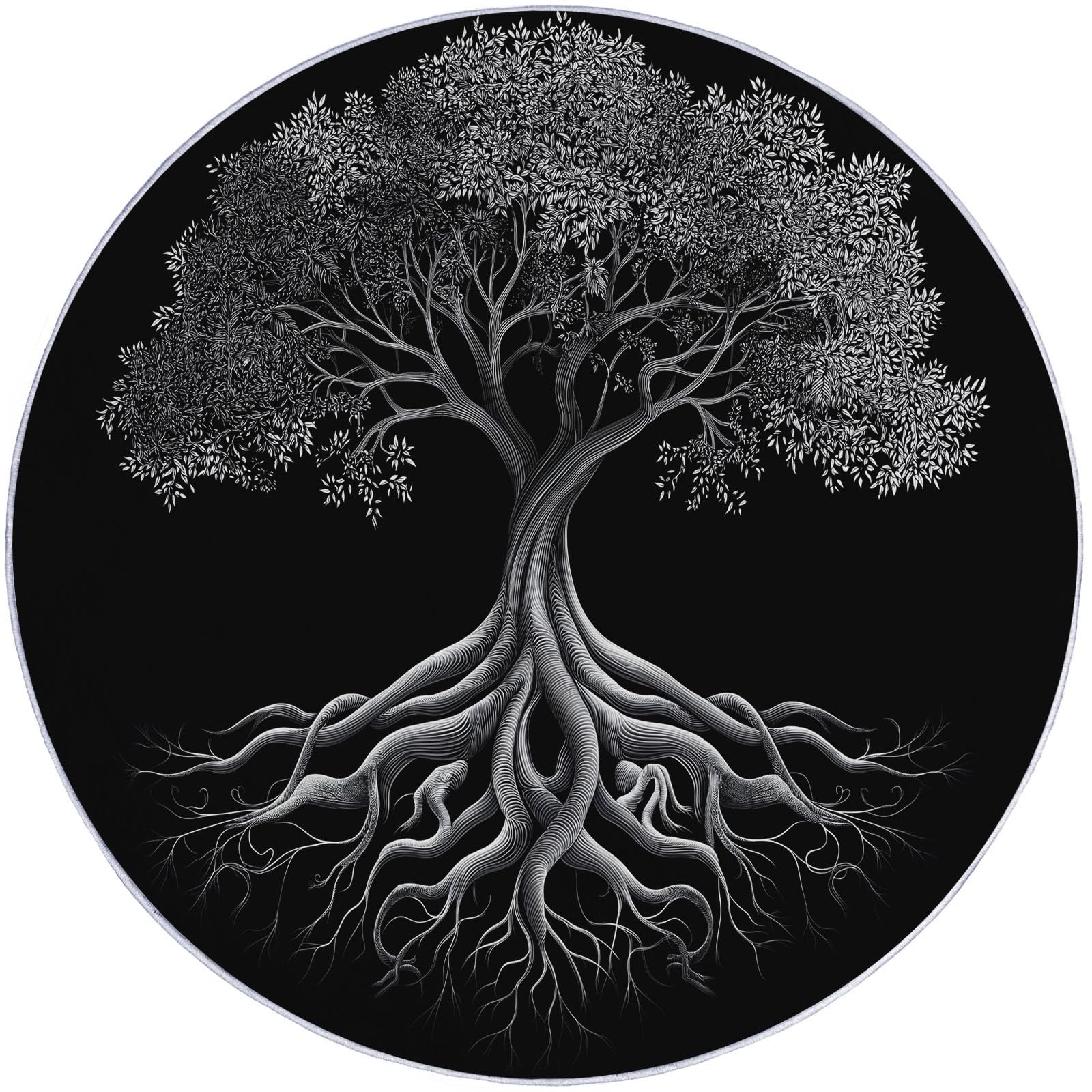 Tappeto rotondo da 210 cm, stile retrò, con albero della vita, moderno, antiscivolo, in flanella nera, lavabile, morbido, per cameretta dei bambini, stanza dei giochi, camera da letto, decorazione