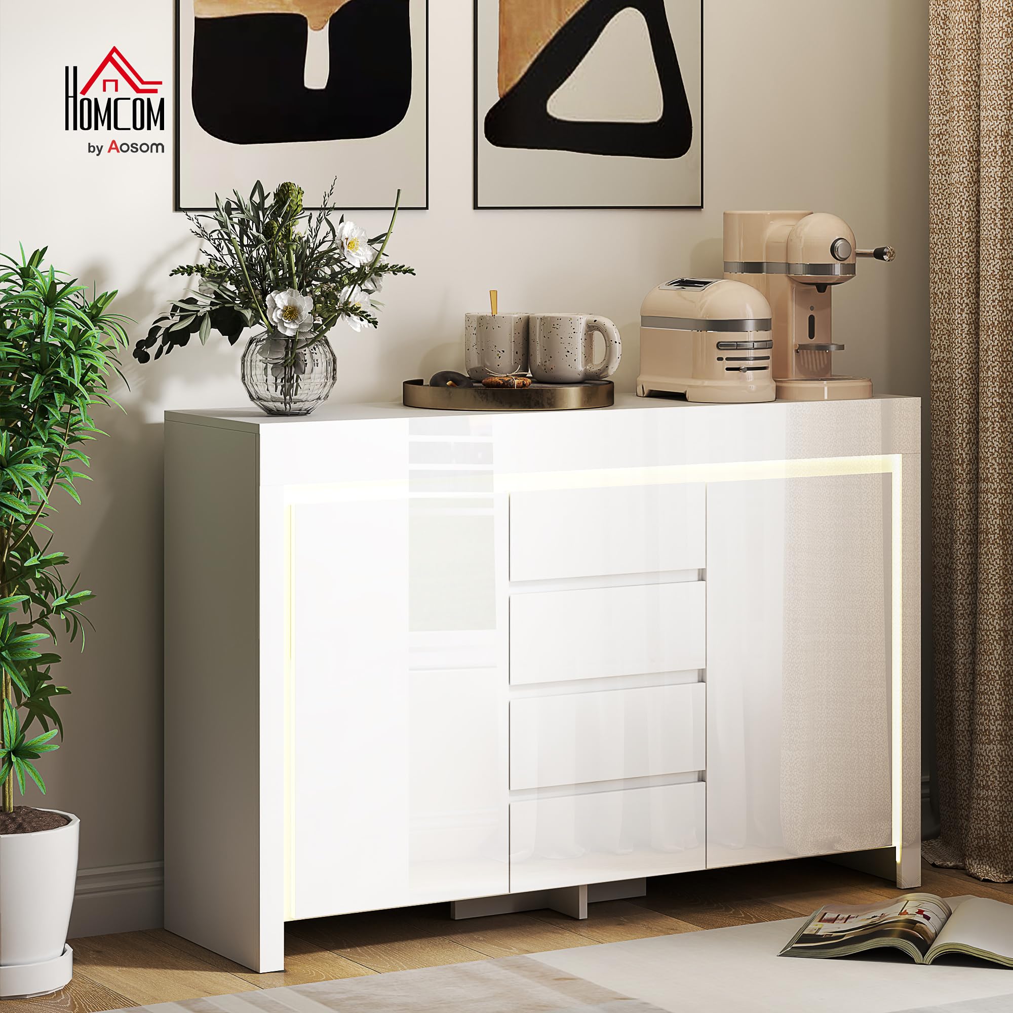 HOMCOM Aparador con Luces LED con 4 Cajones 120x34x80 cm Blanco Brillo