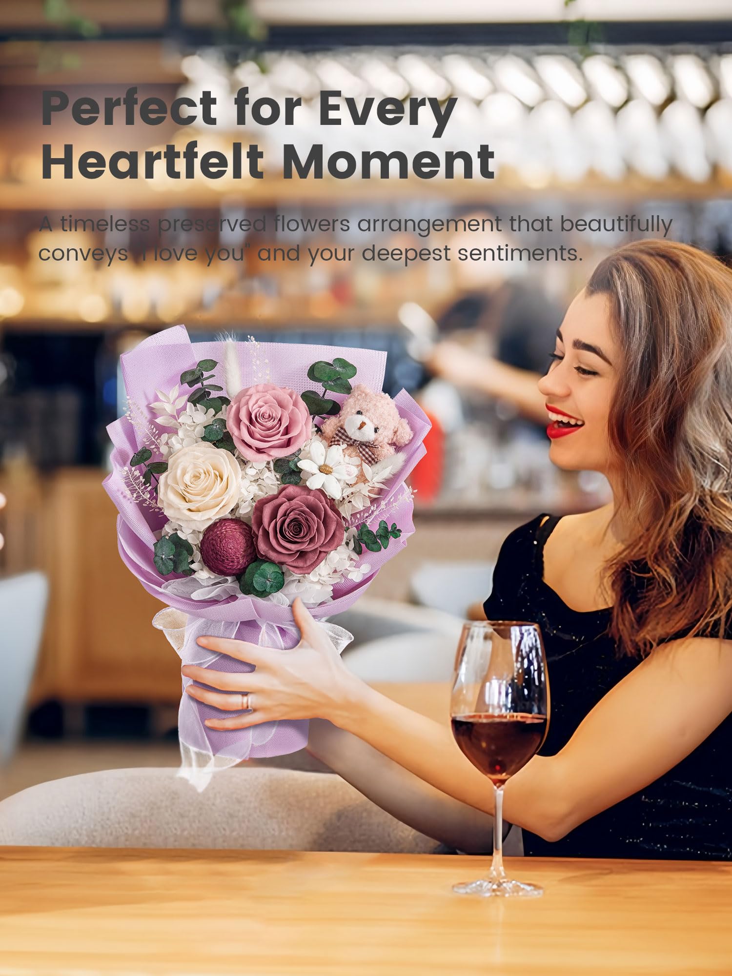 Ramo de flores preservadas de 3 piezas con caja de regalo de oso para esposa, madre, día de San Valentín, día de la madre, aniversario, cumpleaños (morado)