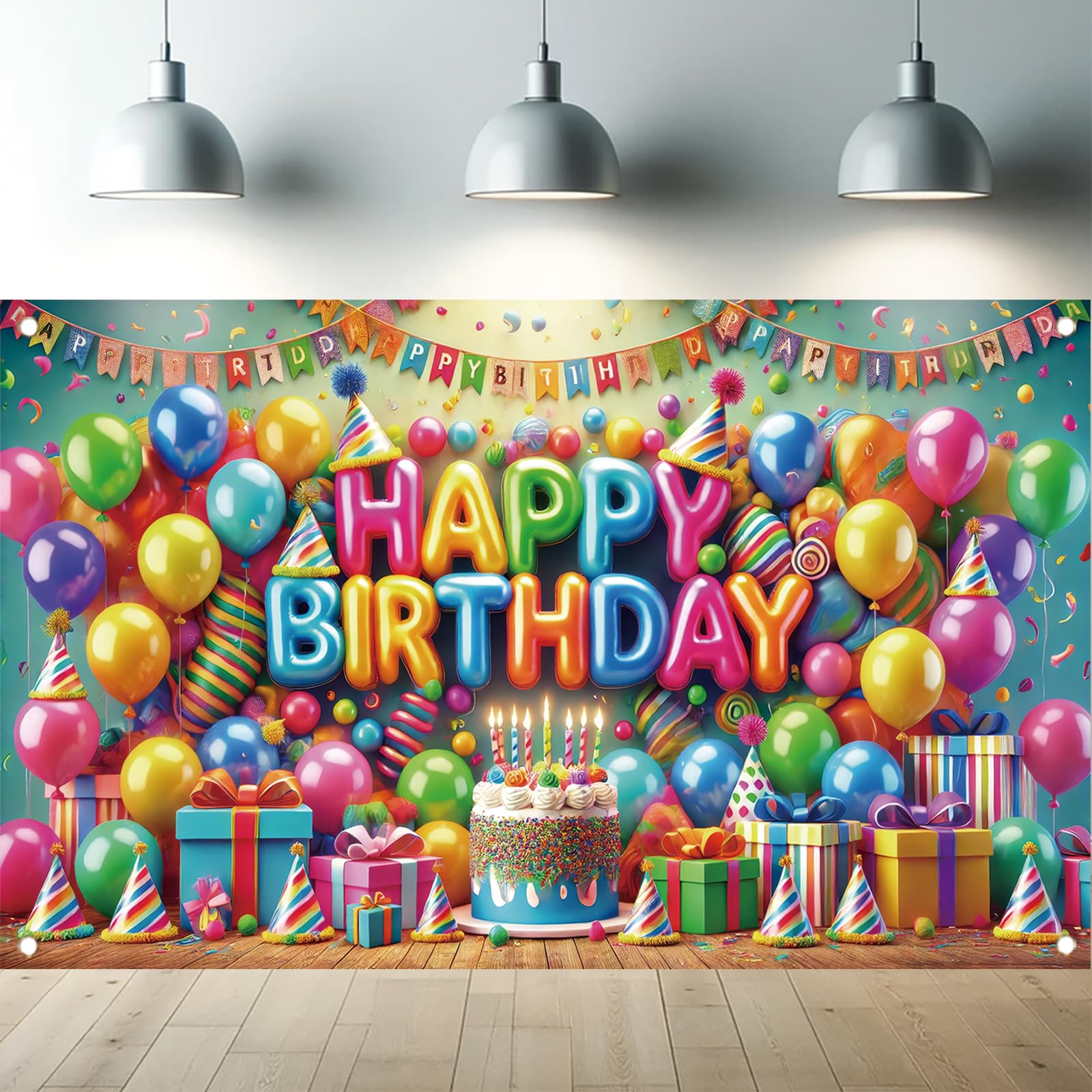 Starlit Patio Colorful Balloons Birthday Banner Backdrop, 71 x 43 Inch, Includes 1 Large Banner with Rope, Perfect for Birthday Parties, Photo Booths,