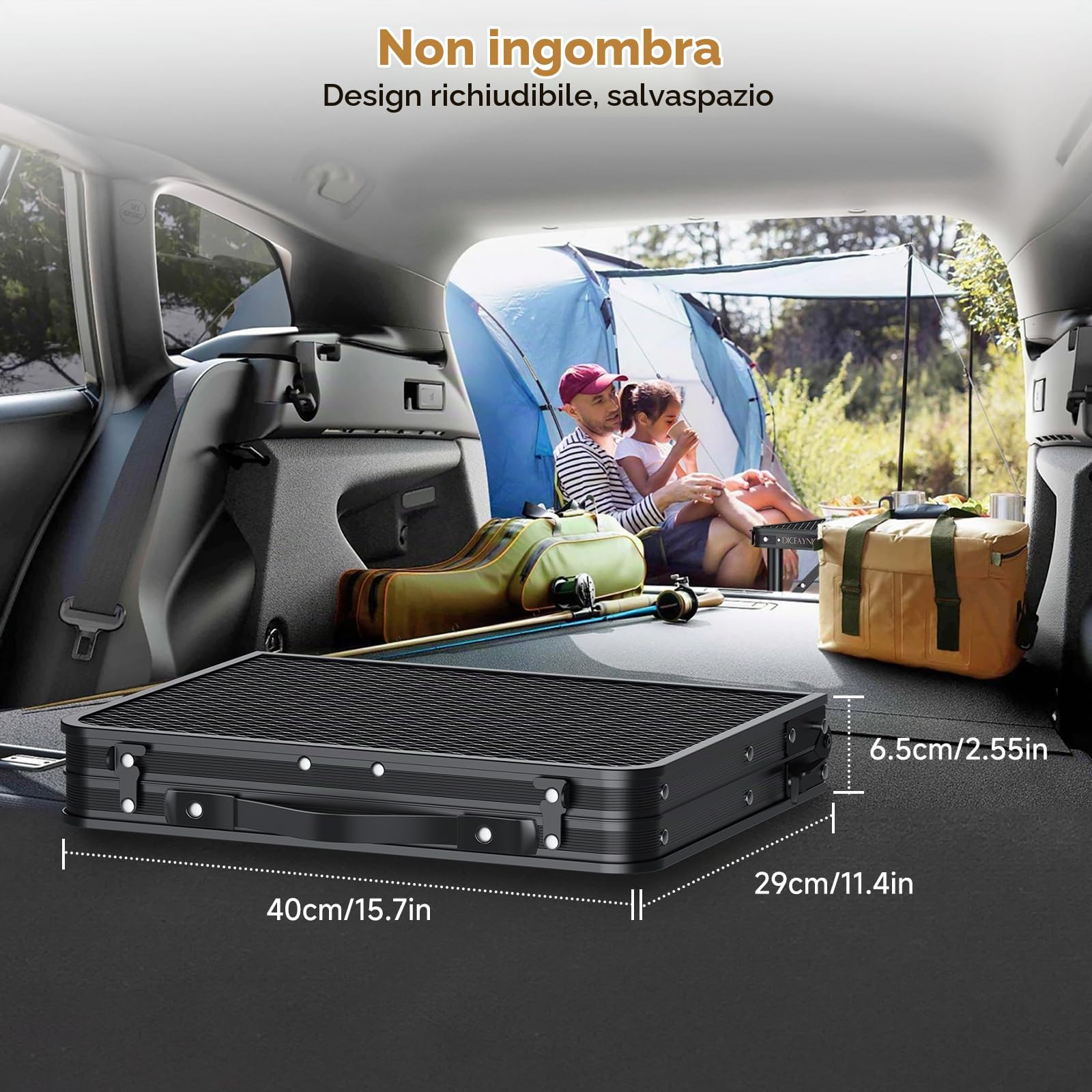Tavolo da Campeggio Pieghevole, 55,9x38,1 cm, 3 Altezze | Piano in rete di alluminio nero a 2 pieghe, maniglia integrata, altezza max 69,9 cm, per picnic, giardino e patio