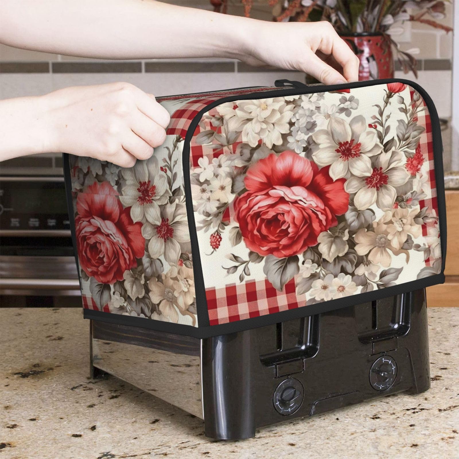 Cubierta para tostadora a cuadros de flores rojas, ranura ancha de 2 rebanadas, a prueba de polvo, impermeable, con lazo para colgar, protector de tostadora de panadería 7