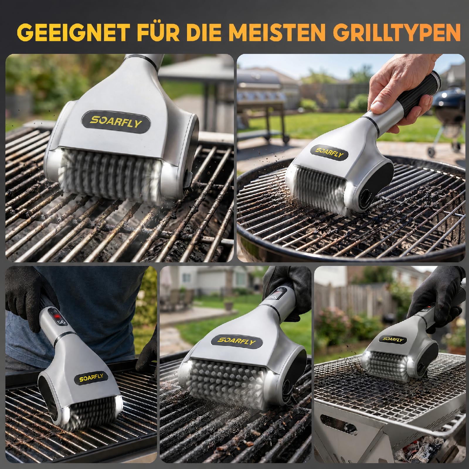 SOARFLY Elektrische Grillbürste, Grillbürste mit Einer Laufzeit von 210 Min bei 800 U/min, 20 kg Drehmoment & Zwei LED-Leuchten, Elektrische Reinigungsbürste für Männer und Grillfans