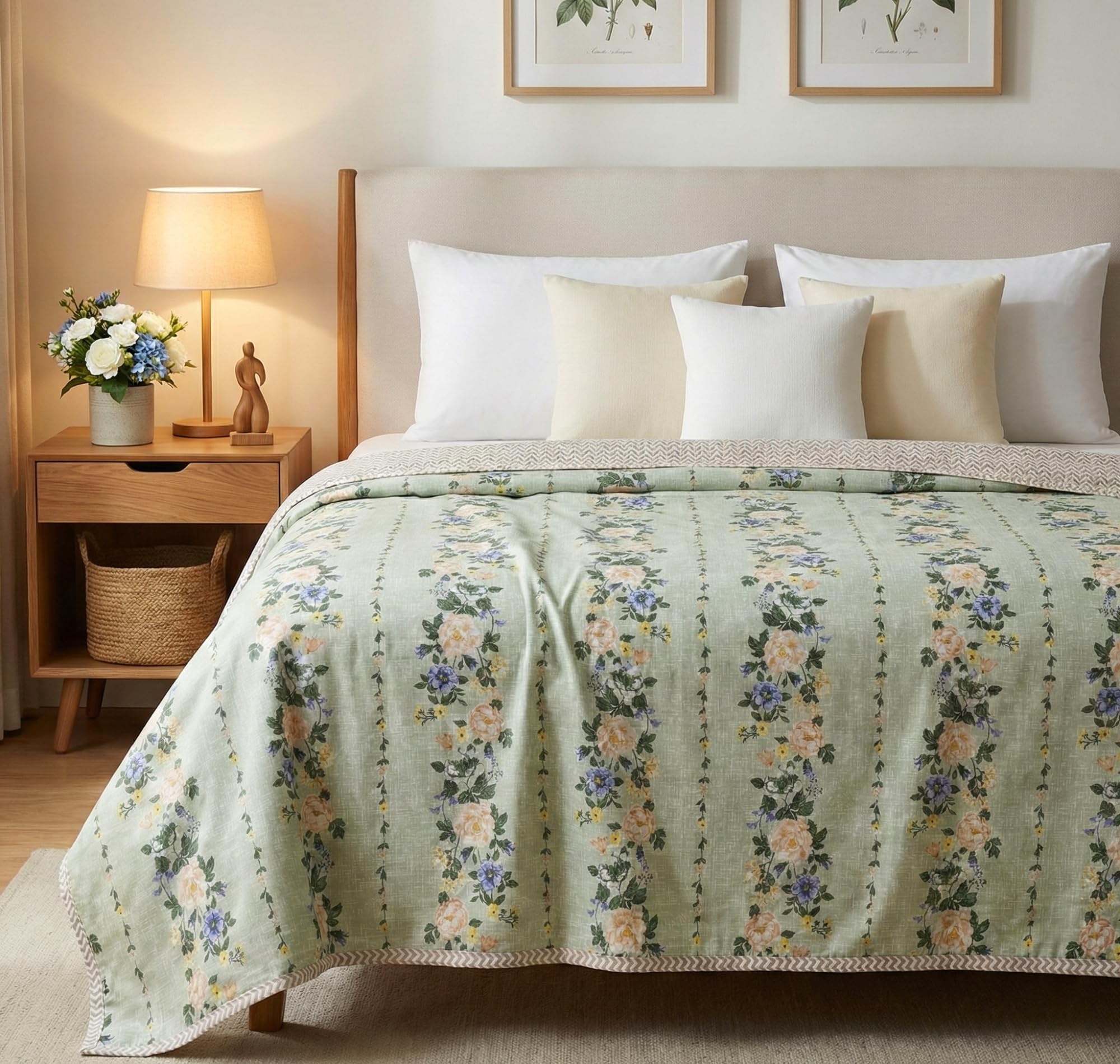 BSB HOME 100% Cotton Reversible Dohar Double Bed Size | AC Blanket Lightweight Summer Comforter | Soft Breathable Bed Blanket (224 x 214 cm) (Sage Green)