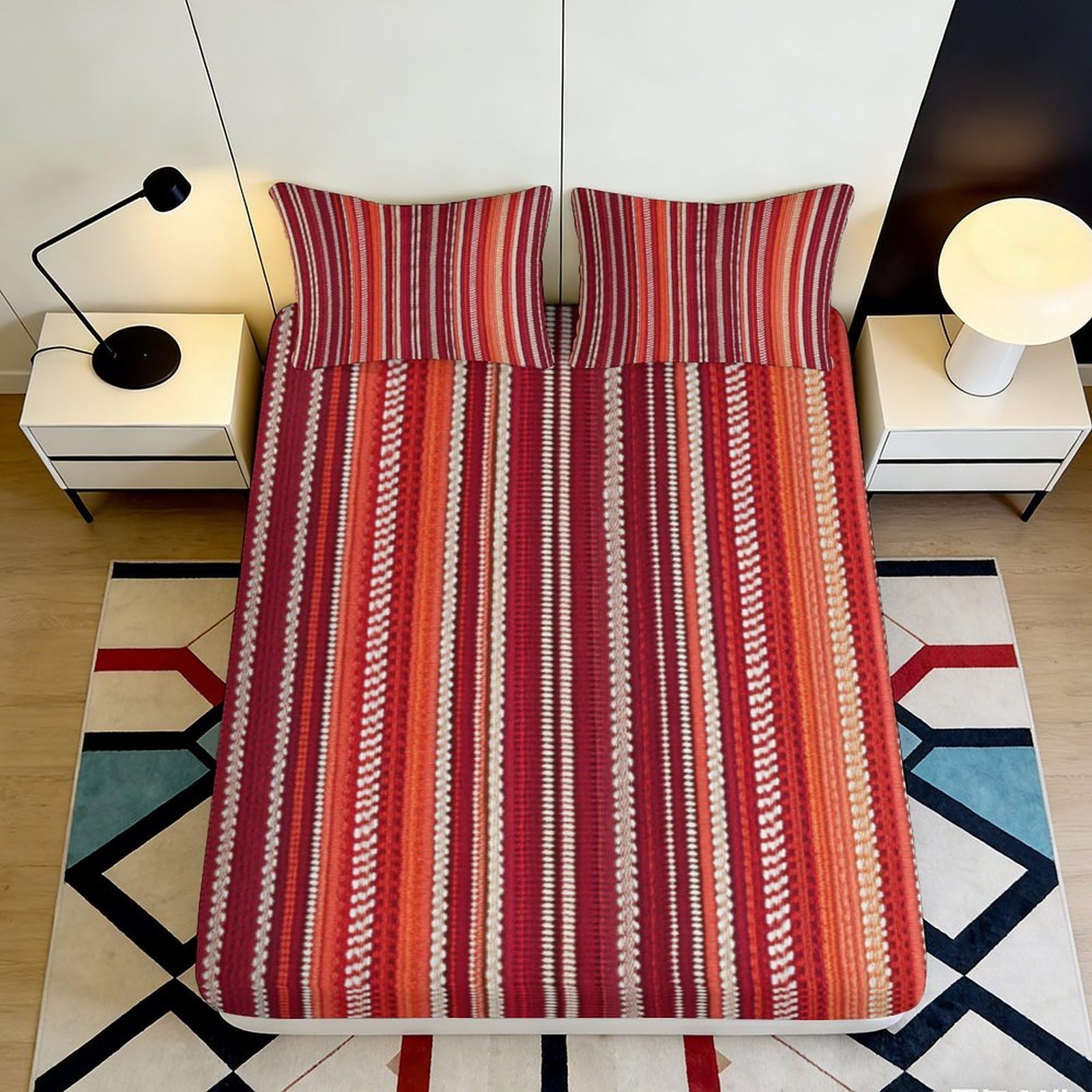 Jqzkxnhpbr Style-1 3D Printed Red Striped Fitted Sheet Microfiber Soft Breathable Boho Geometric Bed Cover For Bedroom Dorm Mattress Decor 90X200x25cm