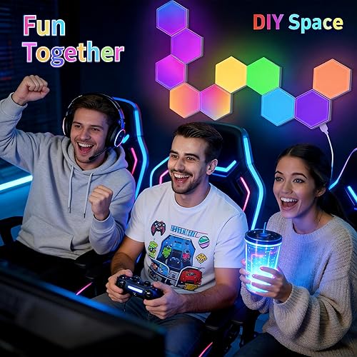 Miniatura 4 de TISOFU Paneles de pared LED hexagonales, luces RGB para juegos con aplicación, panel modular inteligente, azulejos hexagonales con formas de