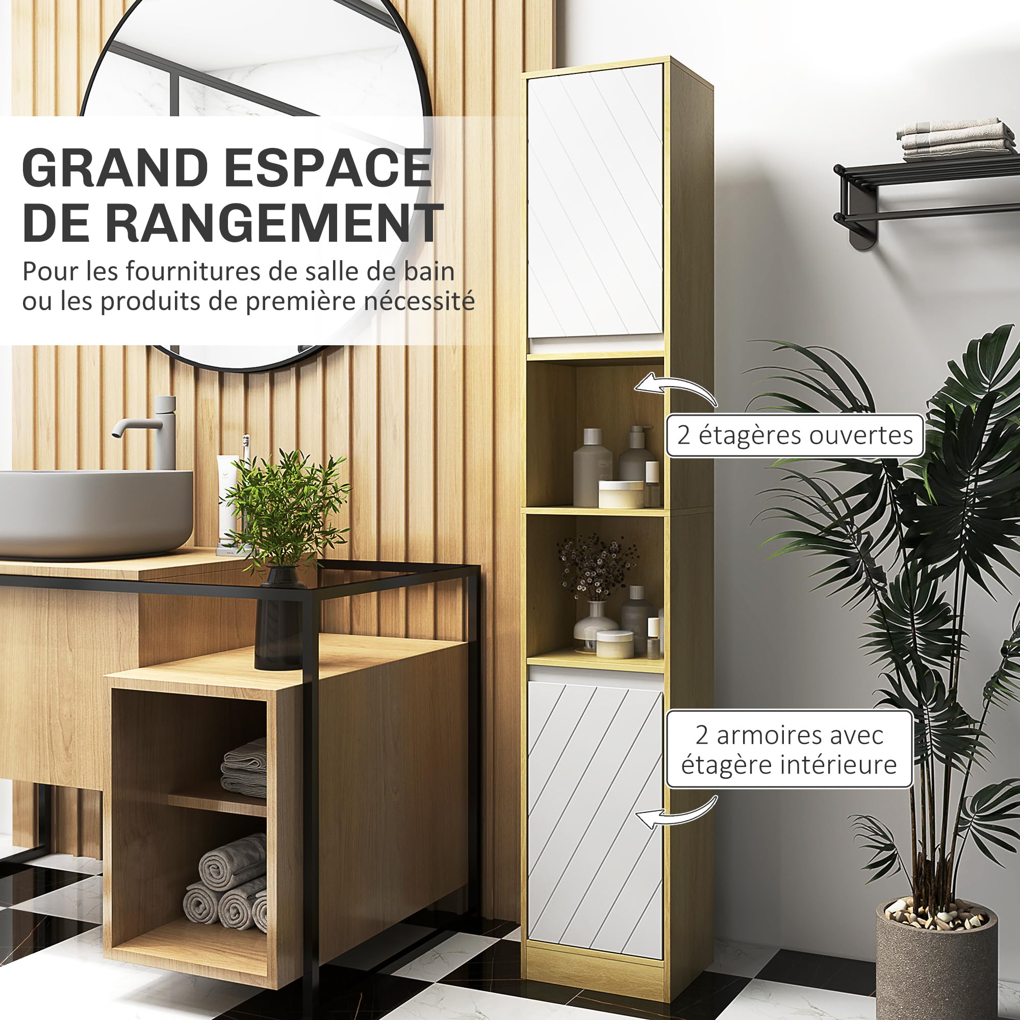 HOMCOM Meuble Colonne Salle de Bain à 6 Niveaux 30x24x170cm Chêne Blanc | Meuble de Rangement Étroit, 2 Portes, 2 Compartiments Ouverts, Étagère Réglable, pour Toilette, Petits Espaces