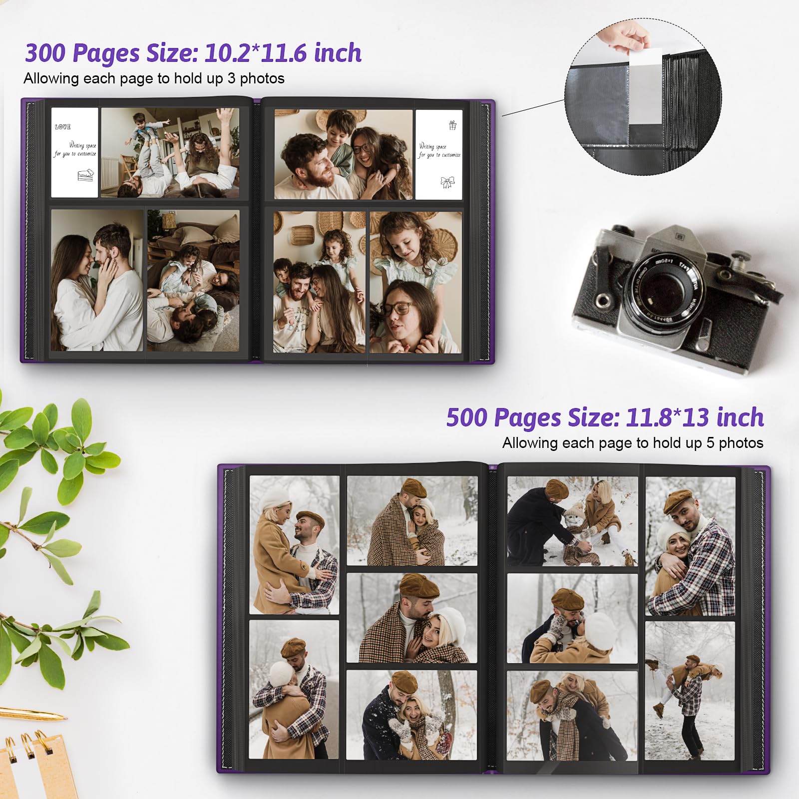 Popotop Fotoalbum, 10,2 x 15,2 cm, 500 Taschen mit Leder-Hardcover-Einband, großes Fotoalbum mit 50 Seiten für Familie, Reisen, Hochzeit, Baby-Geschenke | Kapazität für 500 Fotos, klare Einstecktaschen, großes Sammelformat, Fotofenster, Geschenke für Fami