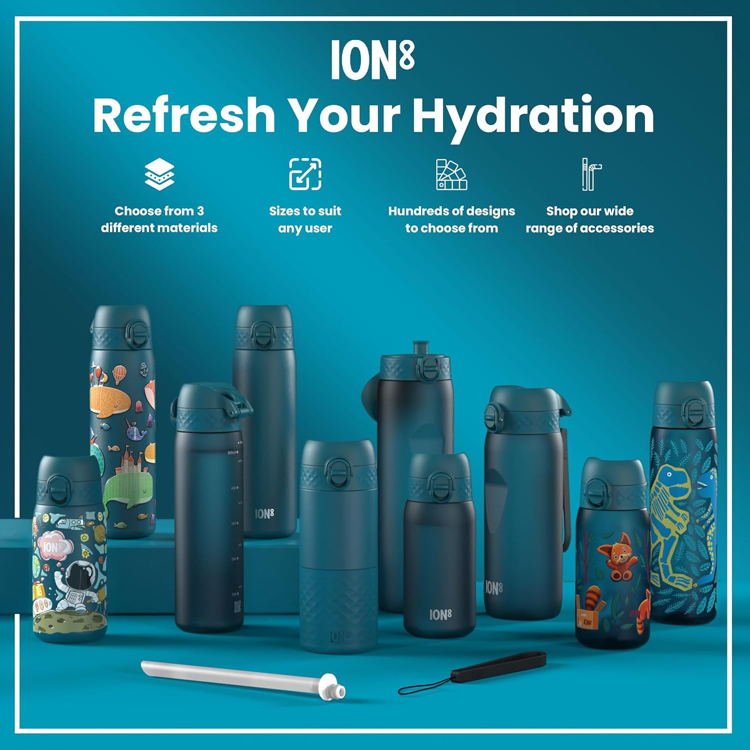 Ion8 Kids Water Bottle, Steel 400 ml/13 oz, Leak Proof, Easy to Open, Secure Lock, Dishwasher Safe, Flip Cover, Carry Handle, Easy Clean, Durable, Metal Water Bottle, Raised Print, Forest Animals