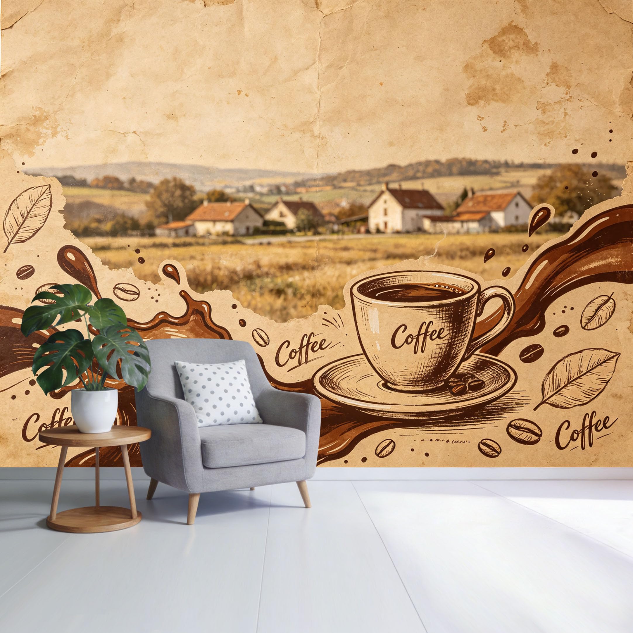 Custom Size Wall Mural Vintage Coffee Cup Splash Farmhouse Landscape Watercolor Style SelfAdhesive Wall Fabric Removable Wallpaper for Home Office Decor