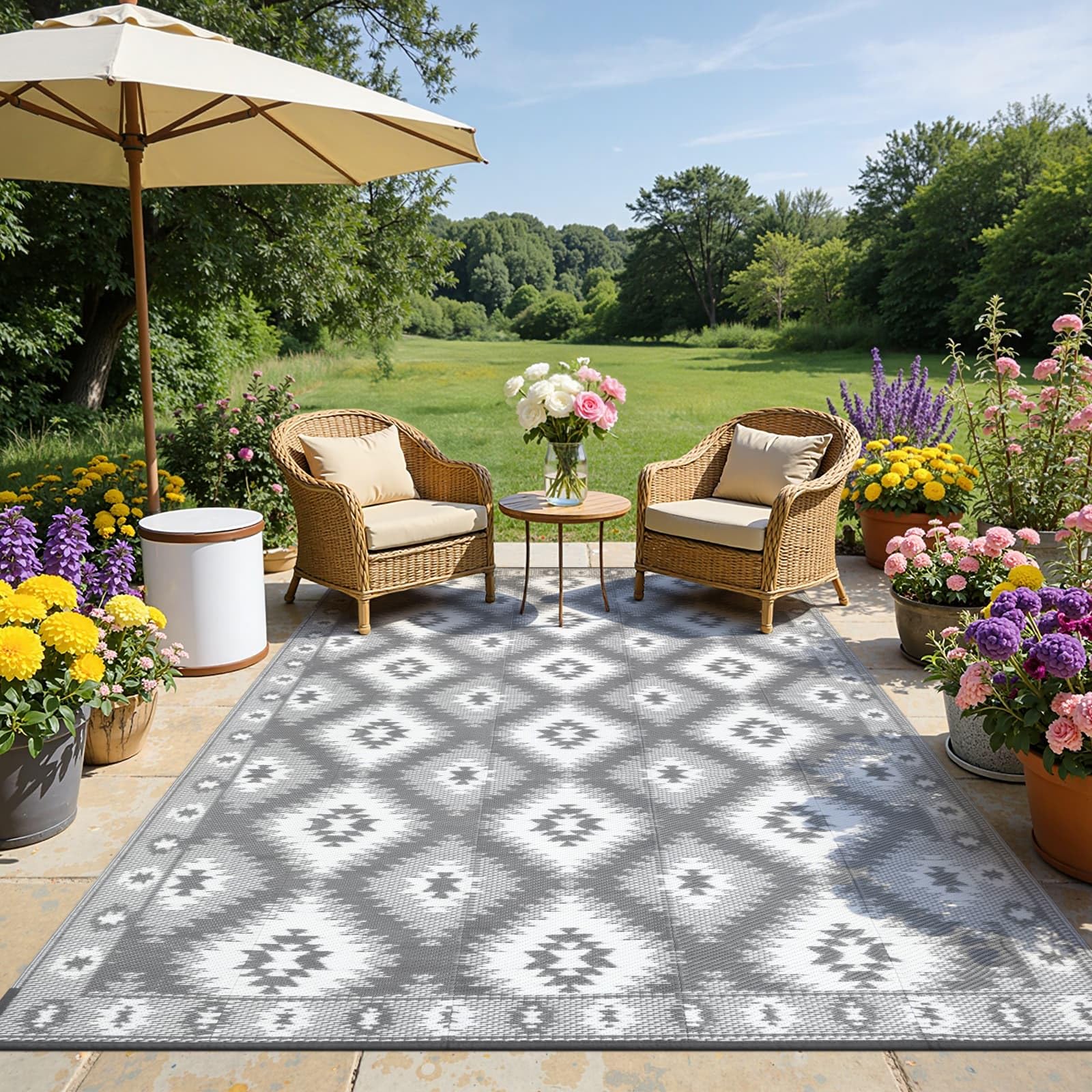 SHACOS Outdoor Rug for Patio Waterproof 270x360 cm Reversible Garden Rugs Plastic Straw Rug UV Resistant Lightweight Foldable Outdoor Carpet for Decking Camping Balcony RV Backyard, Grey