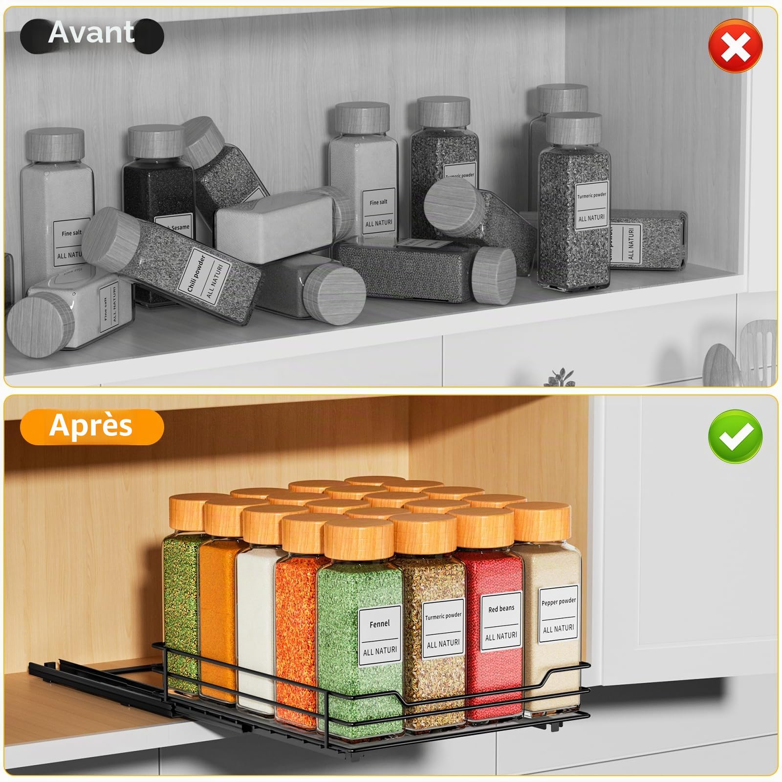 RCHYFEED Étagère à épices coulissante, organisation à épices coulissante pour l'intérieur des armoires, robuste, pour cuisine et garde-manger, sauces, 1 niveau, 21,6 x 26,4 x 6,3 cm (l x P x H)