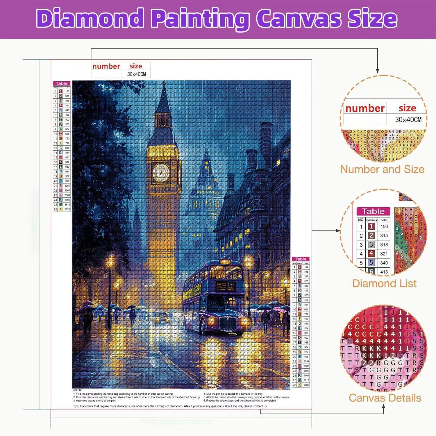 5D Diamond Painting Kit Completo Vista notturna Londra 90x120cm S-504 | Diamond Painting, Pittura Diamante per Adulti e Bambini, Kit DIY Punto Croce per Decorazione Murale la casa - Regalo