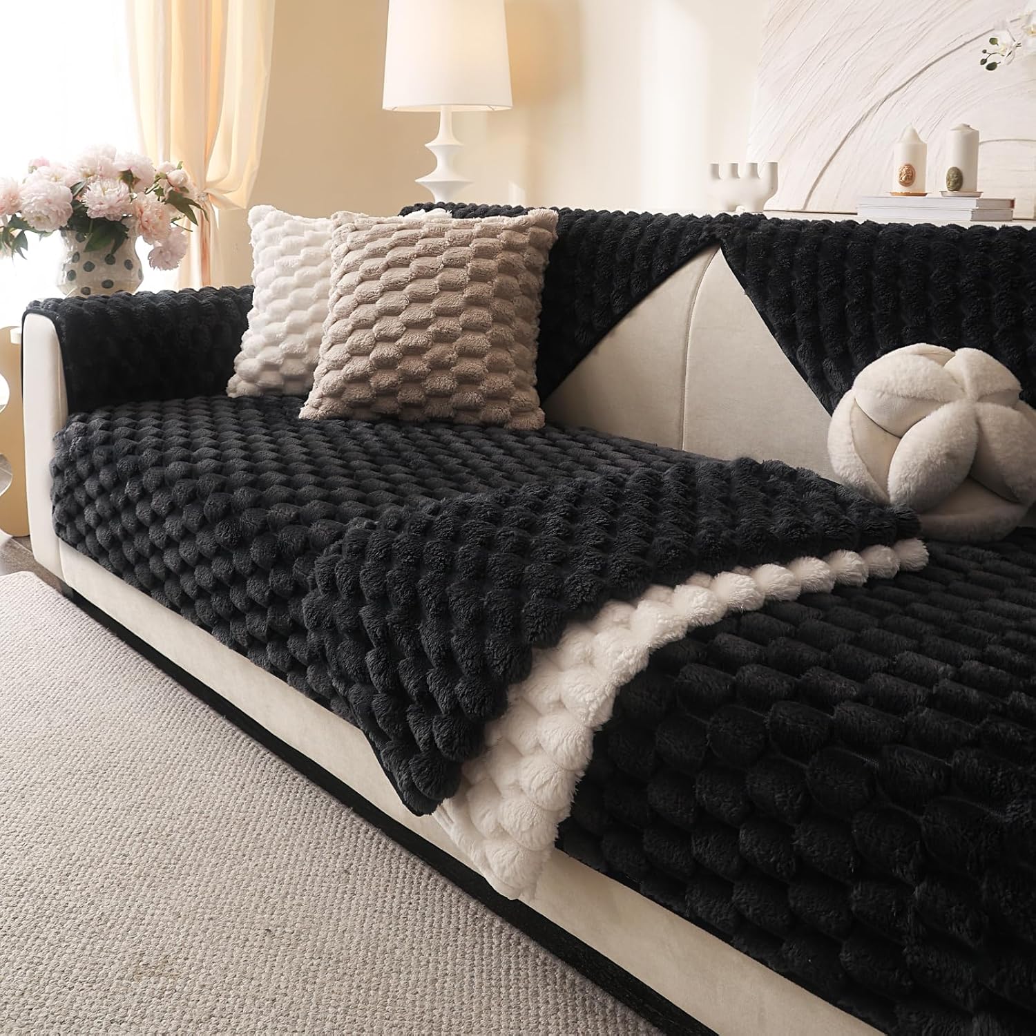 Soft Plush Faux Fur Couch Cover, Fluffy Non Slip Sectional Sofa Covers for 3 Cushion Couch, Furniture Protector Sofa Slipcover(1 PCS 36"x70" Black)