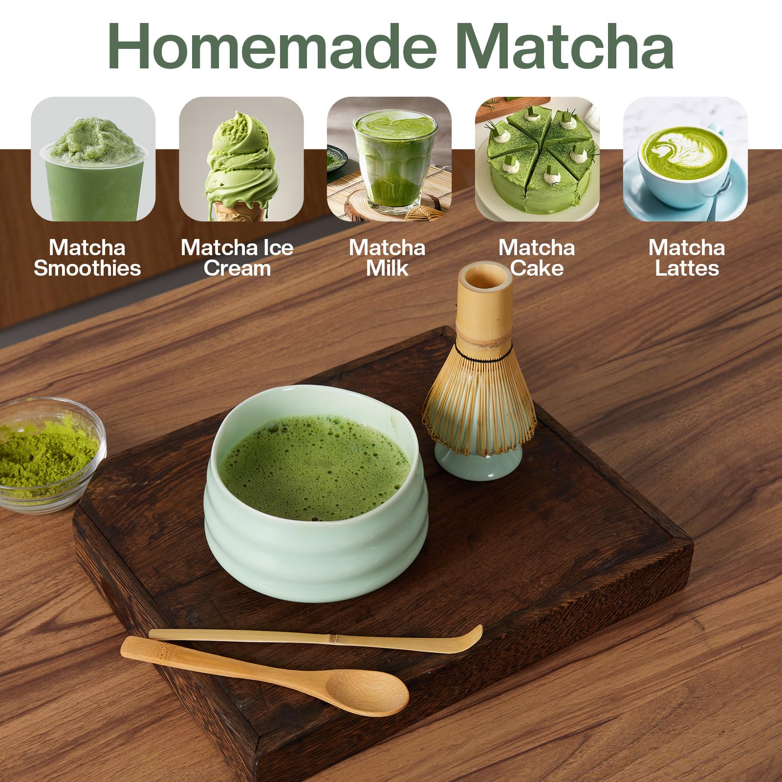 Zanfqvo Kit Matcha 5 Pièces - Bol Matcha, Fouet Bambou, Cuillères Et Porte-Fouet
