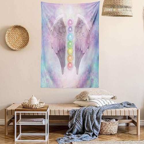 Miniatura 6 de Ambesonne Tapiz de alas de ángel, tamaño individual, diseño de mandala angelical, yoga, etéreo pastel, ilustración psicodélica, colcha para colgar
