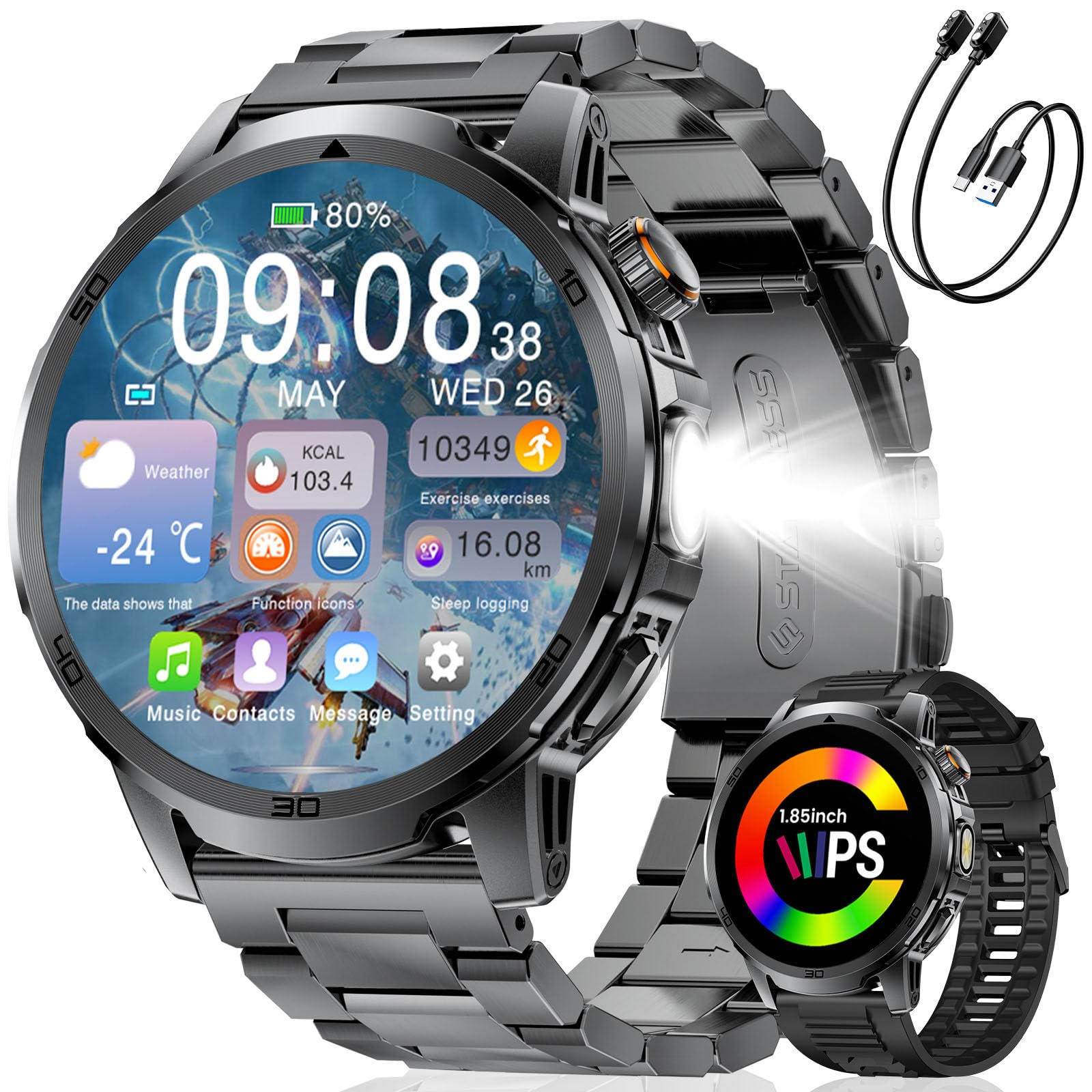 Smartwatch Herren 1,85" HD Großes Display Bluetooth 5.2 Anrufe 1000mAh Akku