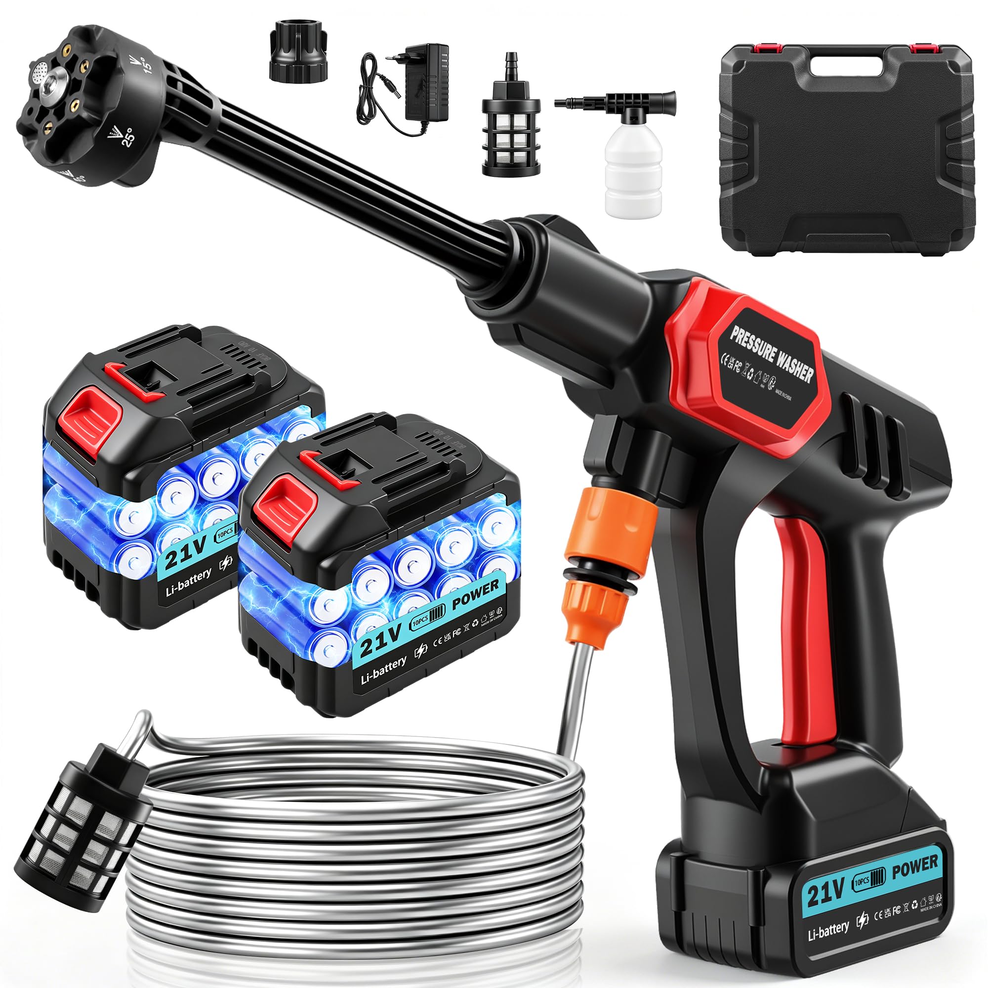 Idropulitrice a Batteria 2x3000mAh, Pulitrice ad Alta Pressione Senza Fili con Ugello 6 in 1, Compatibile con Makita 18V, Tubo da 5m per Auto Bicicletta Terrazzo