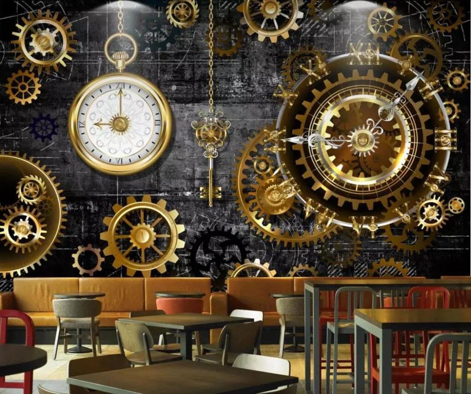 XLMING Cubic Vintage Industrial Gold Gears Clock 3D Wallpaper Home Study Office Grey Dining Room Sofa Bedroom Living Room TV Backdrop-400cm×280cm