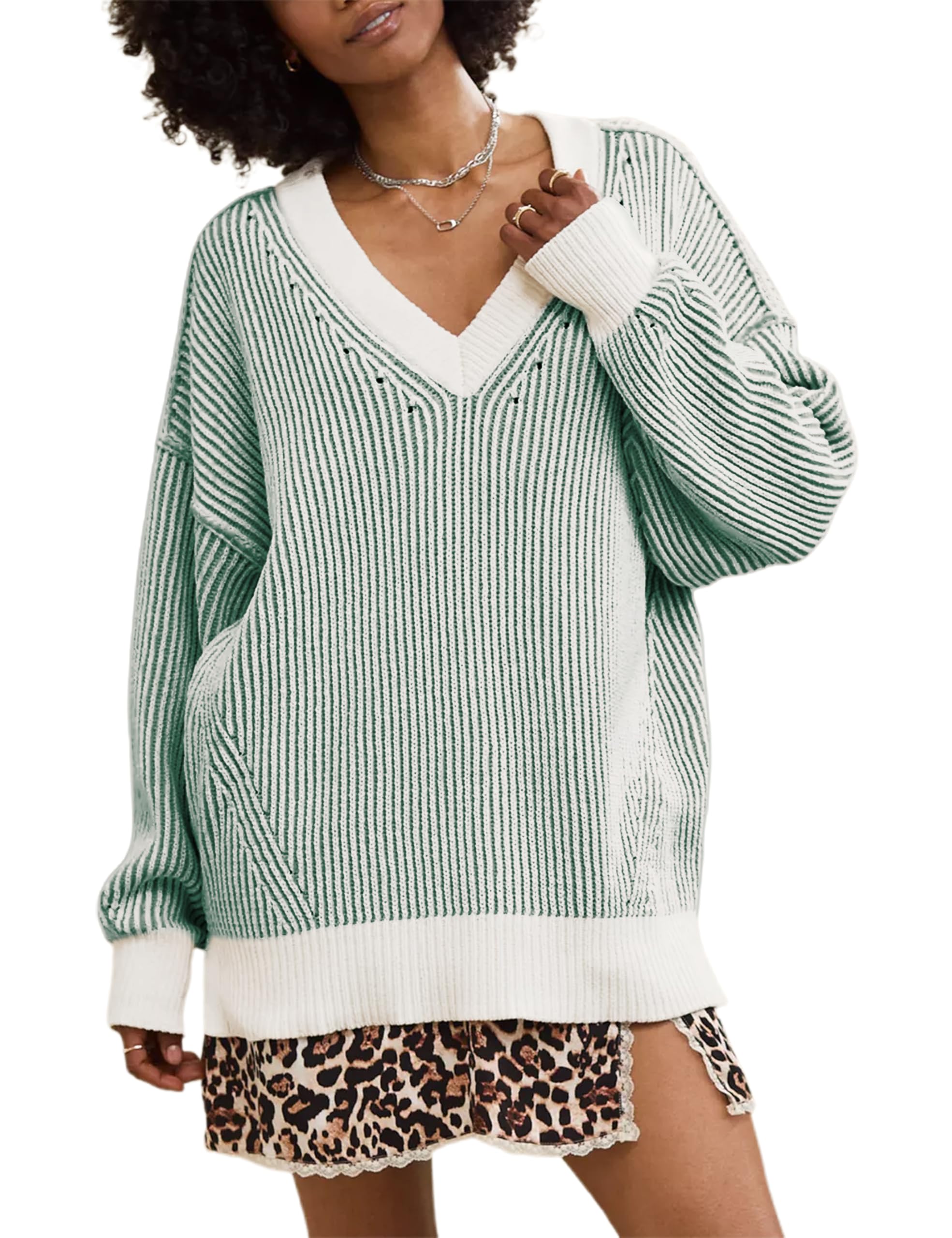 Beyond Chenille V Neck Sweater for Women 2025 Winter Long Sleeve Colorblock Striped Pullover Casual Trendy Knit Tops