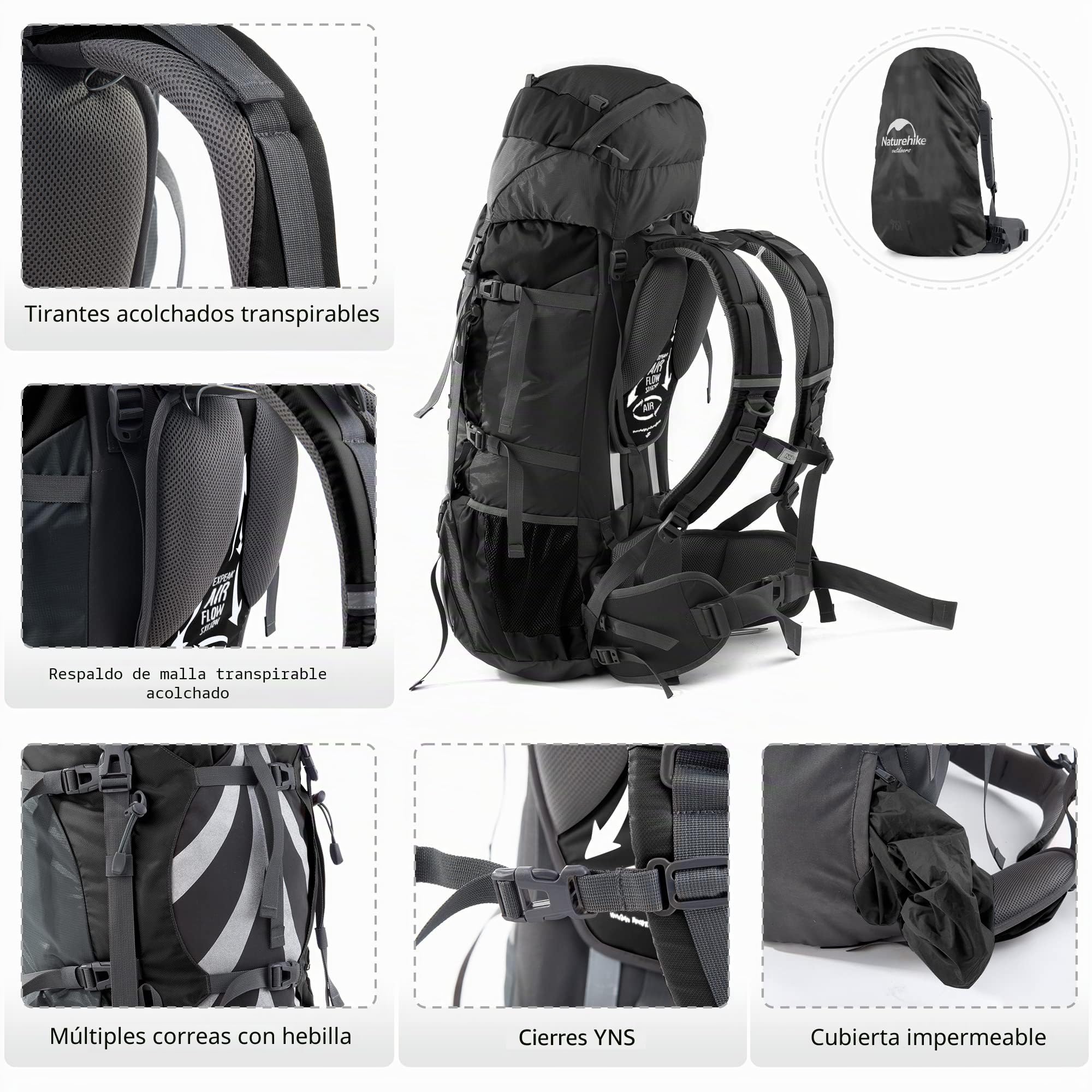 Naturehike Mochila de Senderismo 70L Hombres Mujeres Trekking Mochila Ultraligero Impermeable Mochila Grande Mochila de Viaje con Raincover para al Aire Libre, Montañismo,Camping (Negro)