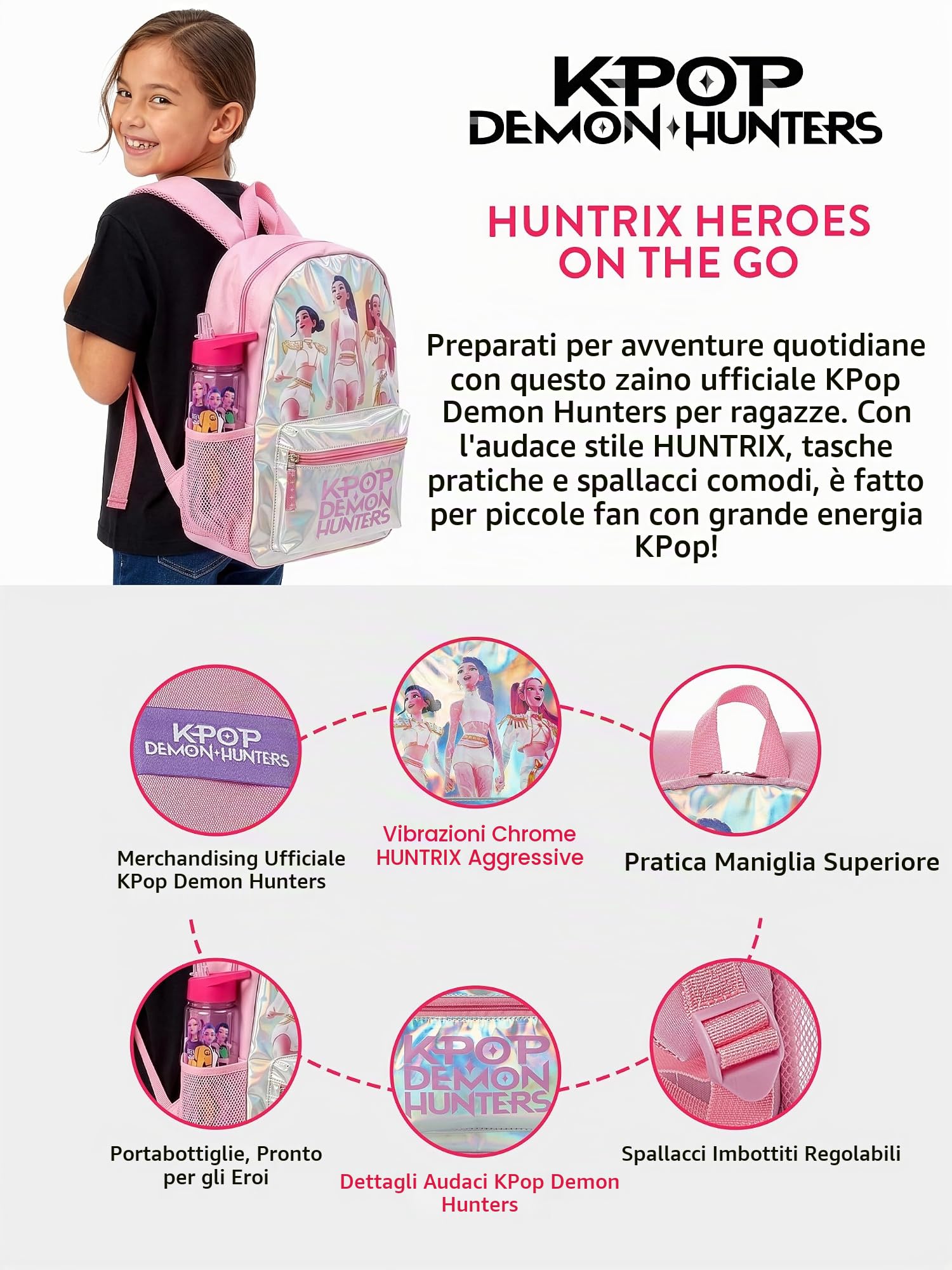 KPop Demon Hunters Zaino, Zaino Scuola Bambina Huntrix, Taglia Unica Rosa