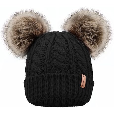 Stylish Pom Pom Beanie Cable Knit Fleece Lined Winter Beanie for Women