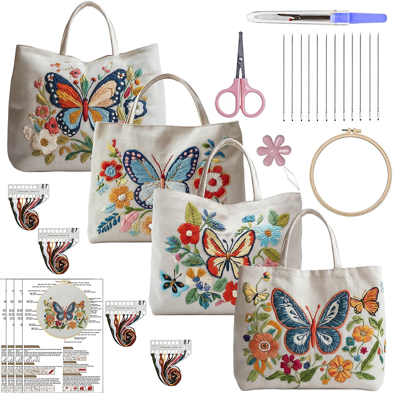 Lebartm 4Pcs Embroidery Tote Bag Embroidery Kit for Beginners Cross Stitch Handbag Butterfly Patterns with Hoop Needle Threads Fabric Reusable Grocery Bag for Women — image 1