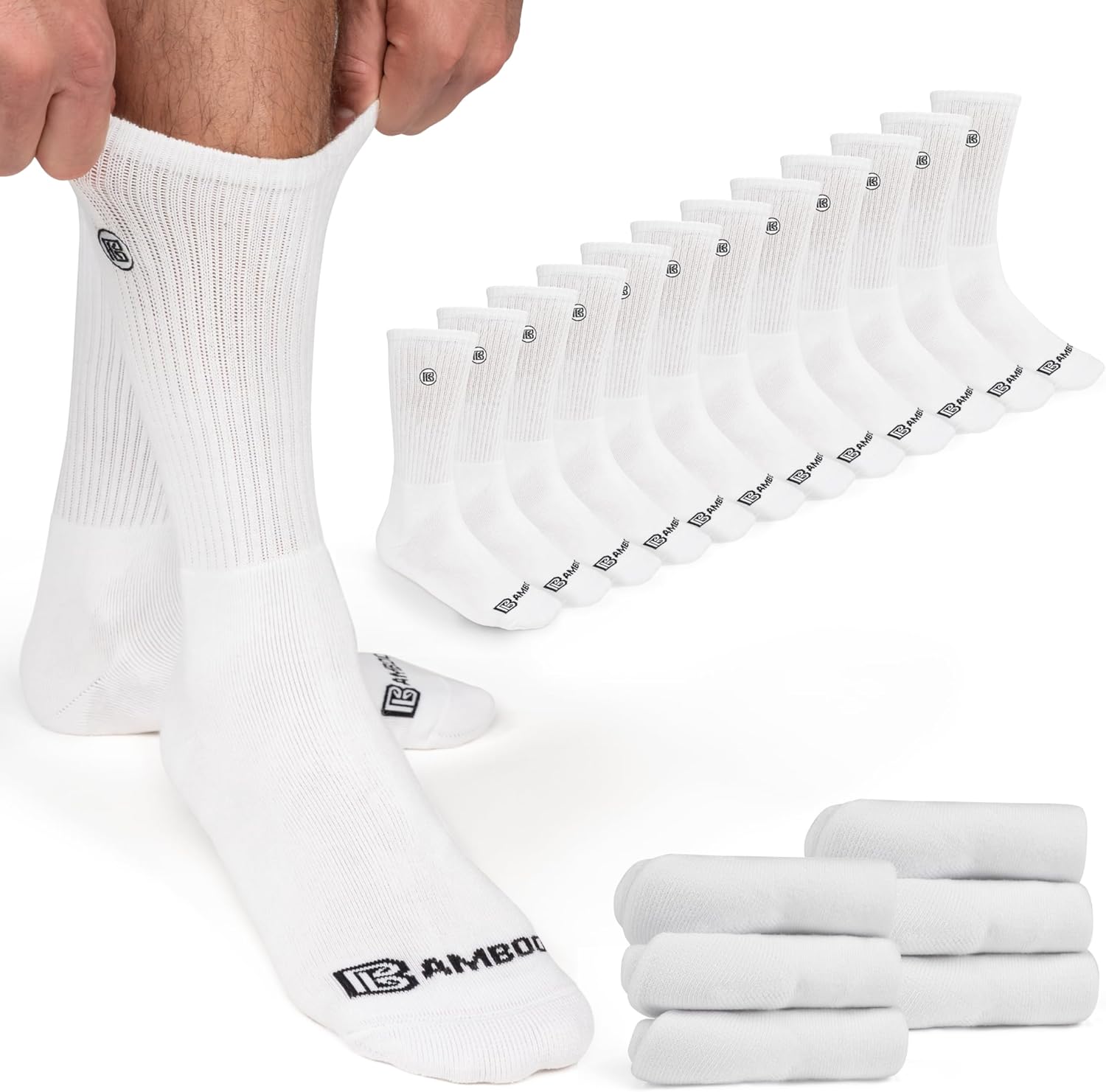 Premium Bamboo Rayon Crew Work Socks- Moisture Wicking, Odor Eliminating White Crew Socks for Men Size 6-8 - 6 Pair