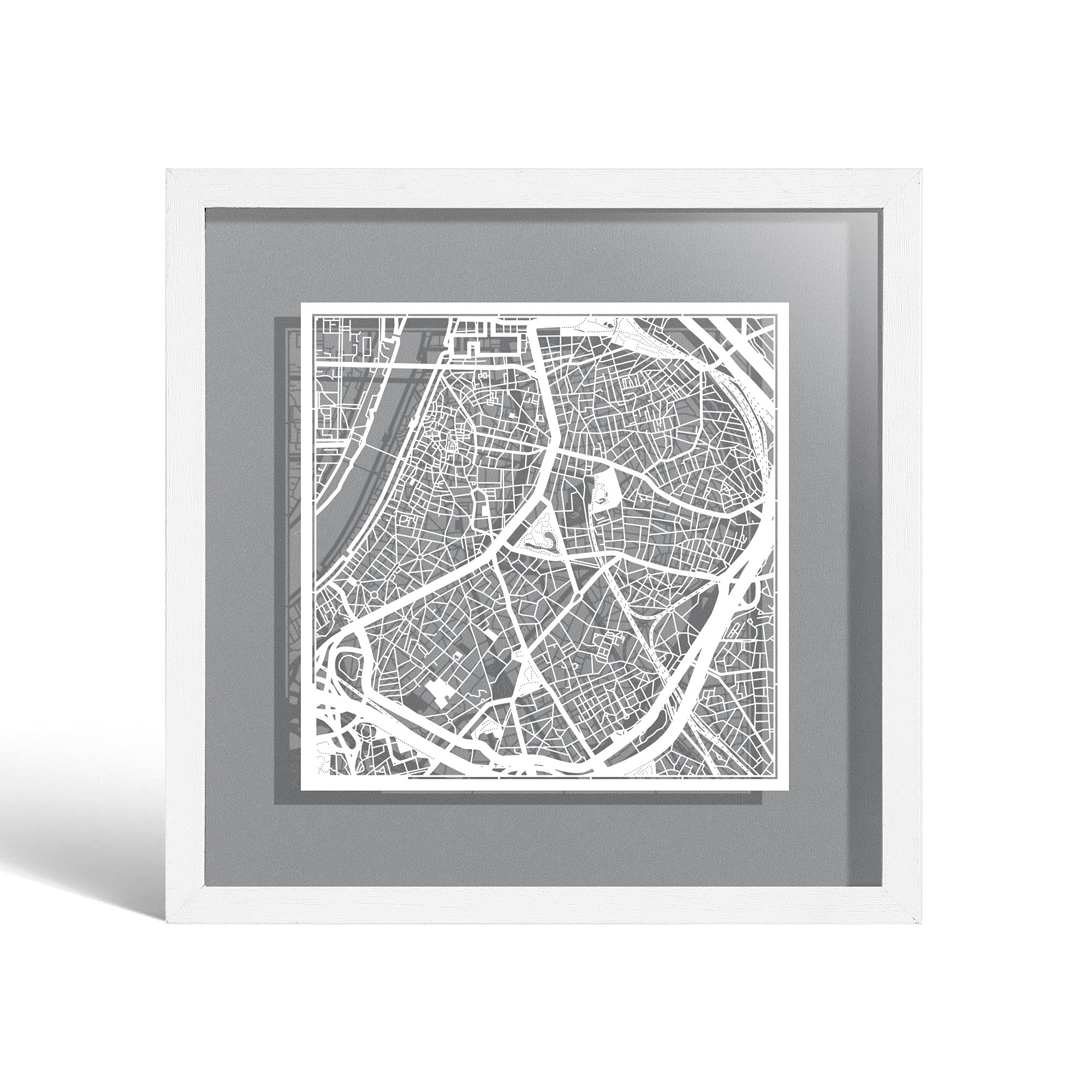 O3 DESIGN STUDIO Antwerp Paper Cut Map framed, White map, White frame, 23x23 cm, Gift Boxed, 4 background color, self-changing, Paper Art