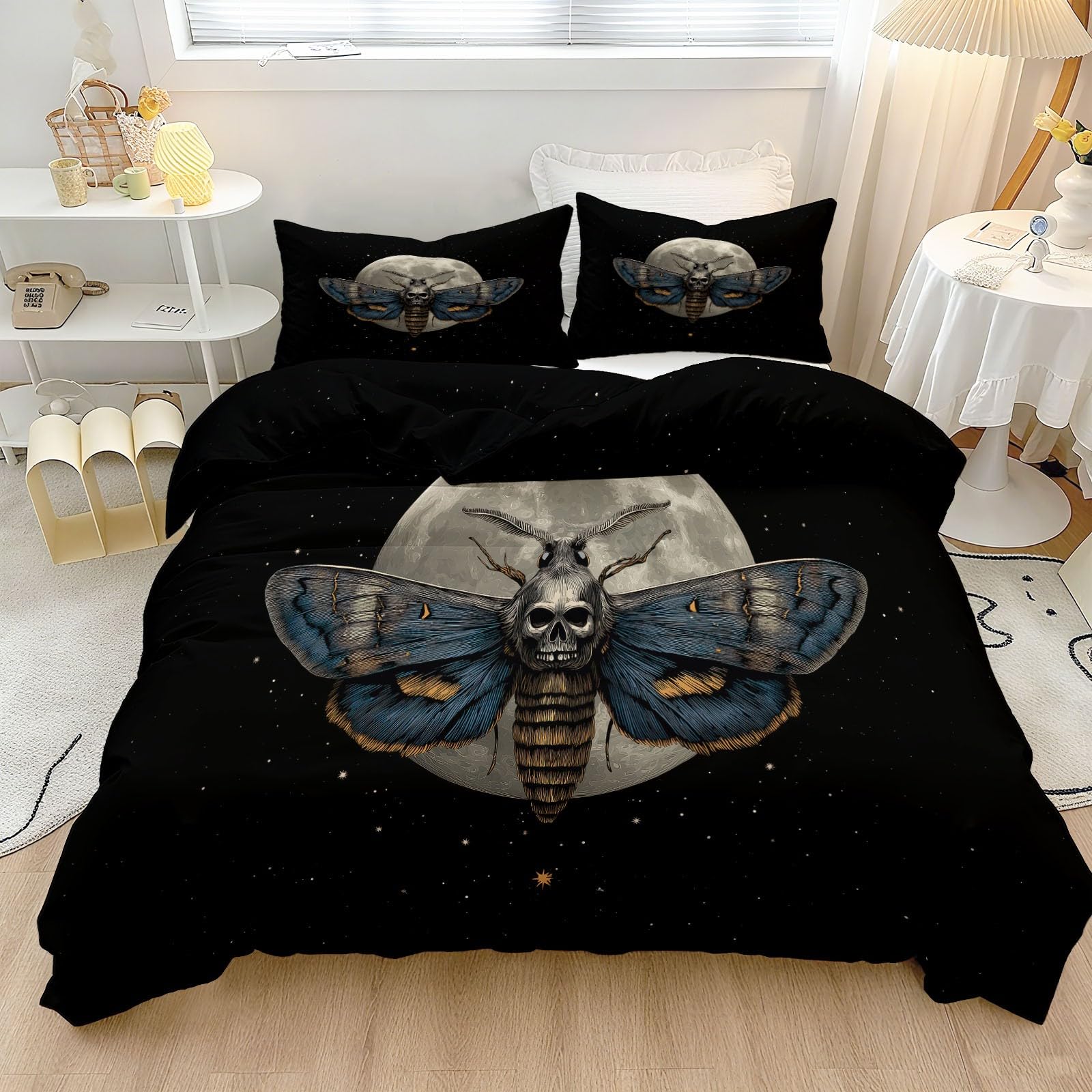 Wysokiej jakości zestaw pościeli ze szczotkowanej mikrofibry, gotycki, ćma, księżyc, dwustronny design, ultrasoft z 2 poszewkami na poduszki 50 x 75 cm, czarny