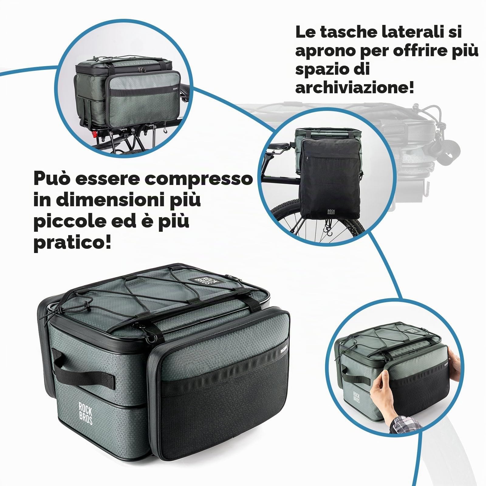 ROCKBROS Road to Sky Borsa Bici Posteriori Pieghevole, 15L Borsa Portapacchi Bici Posteriore Multifunzionale con 2 Borse Laterali per Ciclismo, Viaggiare, MTB, Gravel, Strada, Nero, Grigio