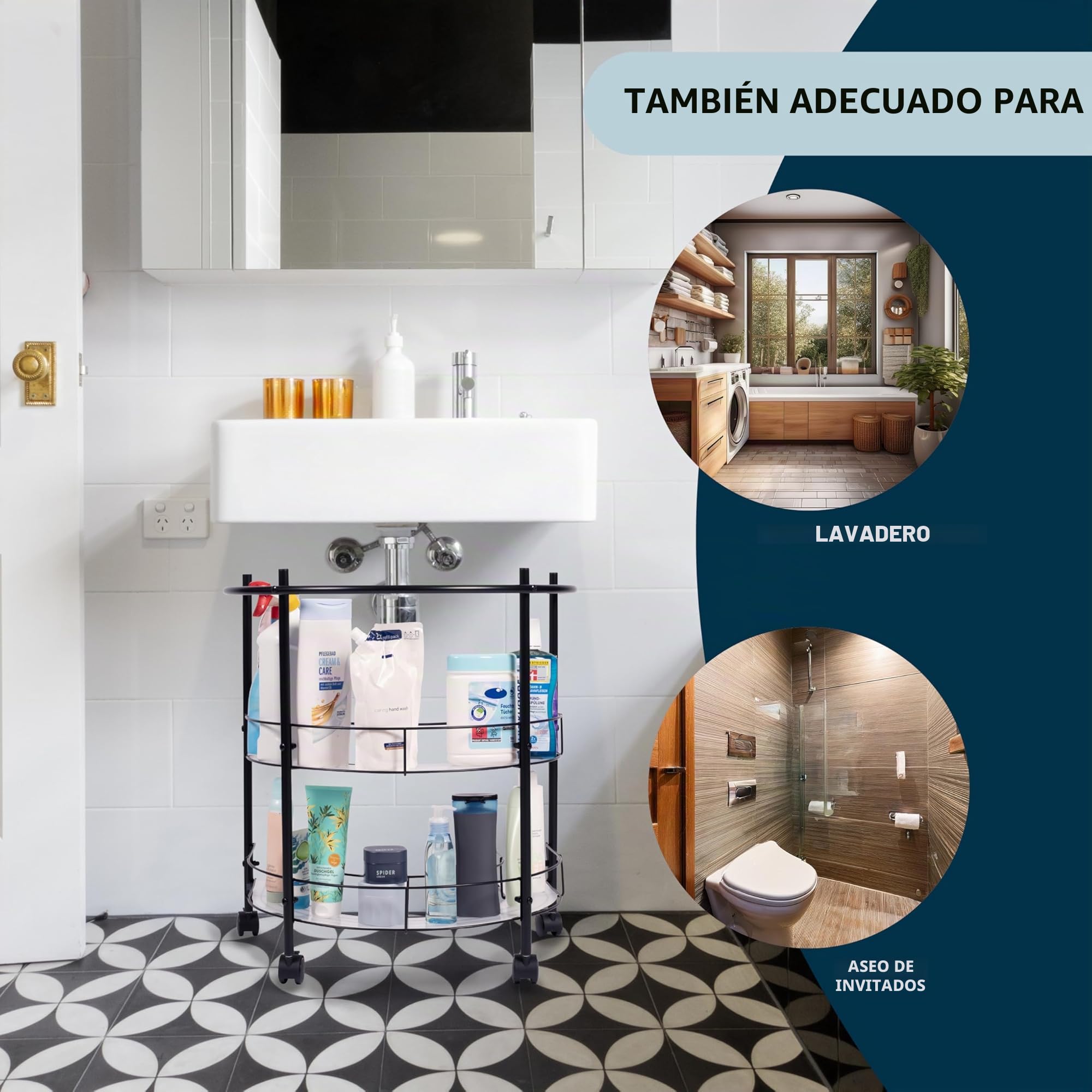 eluno Estantería inferior para lavabo con 2 estantes y 4 ruedas con bloqueo, ideal como toallero, armario para debajo del lavabo para utensilios de baño, de metal negro