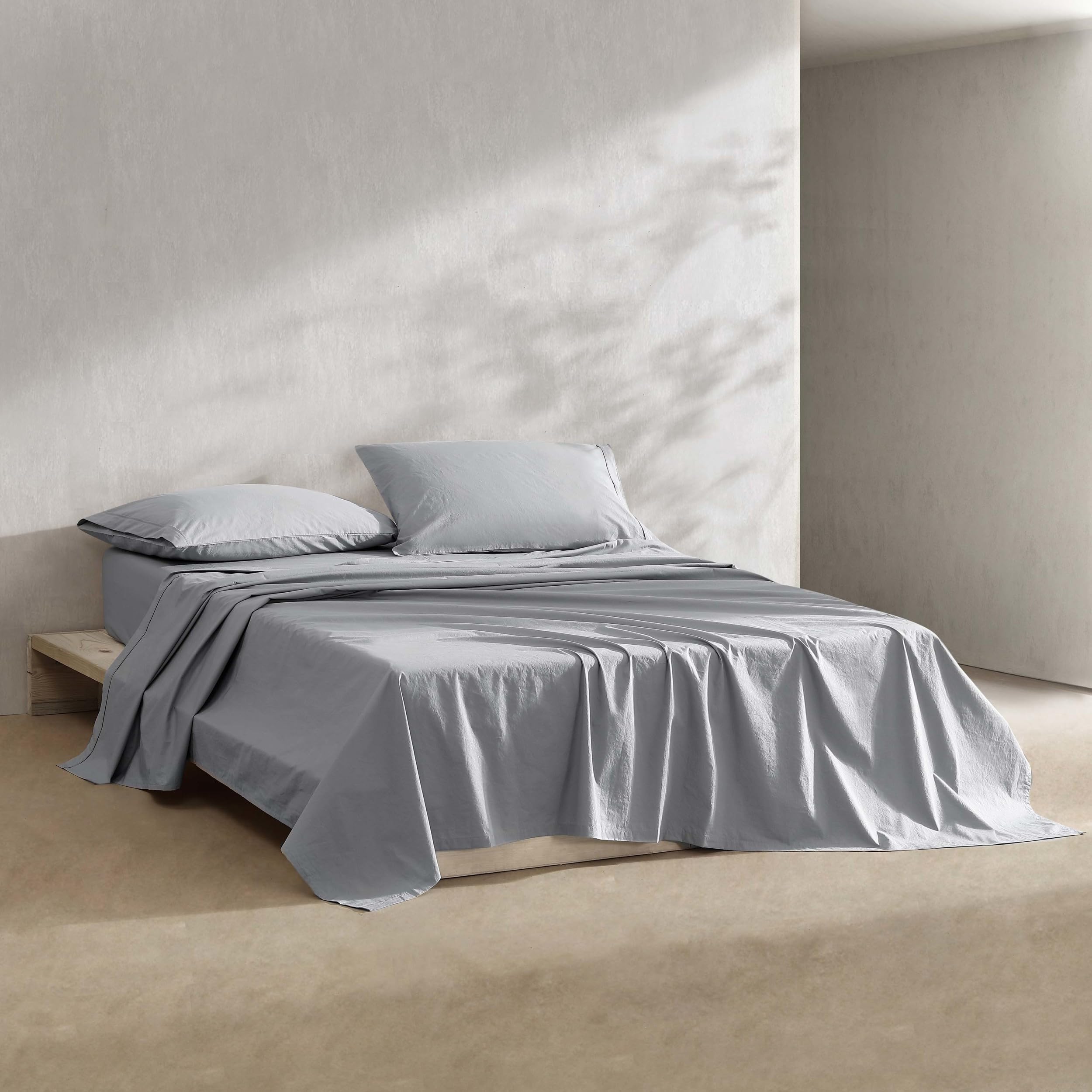 Calvin Klein - Lenzuola Queen, Set di biancheria da letto in percalle di cotone lavato, arredamento moderno per la casa (blu acciaio, Queen)