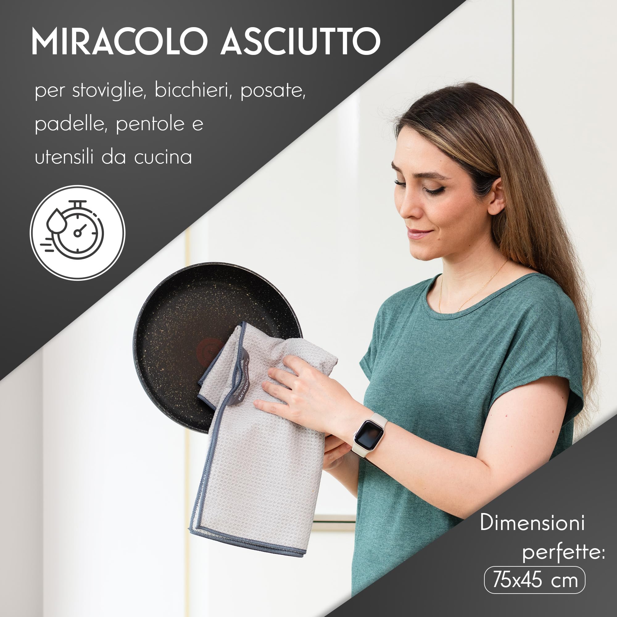 NATARO 4 Asciugatutto da cucina, strofinacci in microfibra premium, altamente assorbenti, durevoli, striature e senza pelucchi per la sua cucina, incluso strofinaccio, omaggio, grigio chiaro 70x45cm