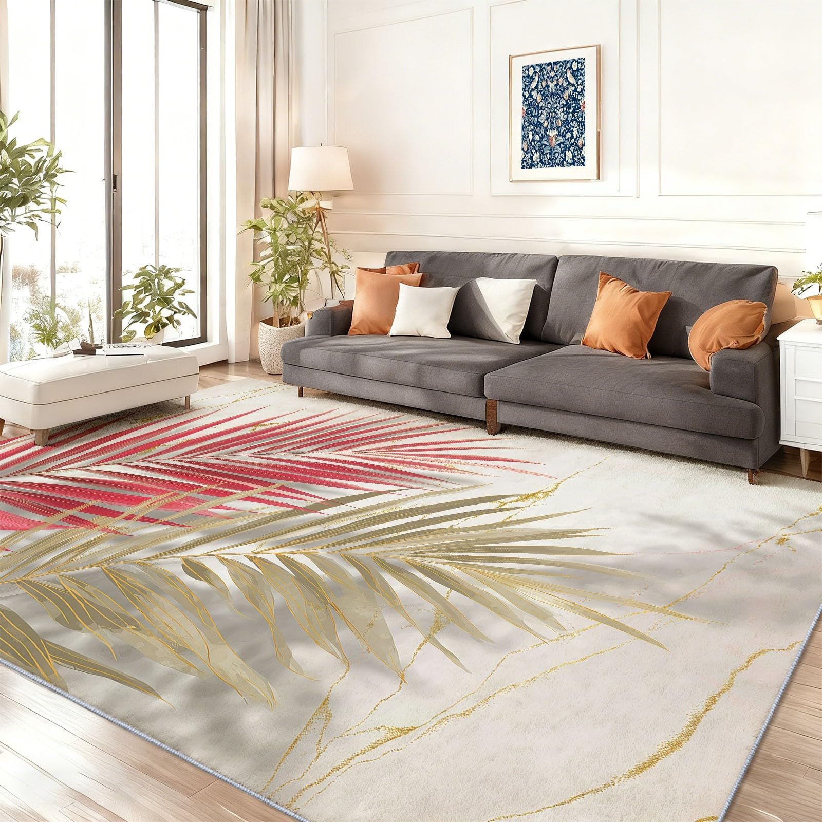 Tapis lavable pour salon rouge motif tropical extra large 120x160cm