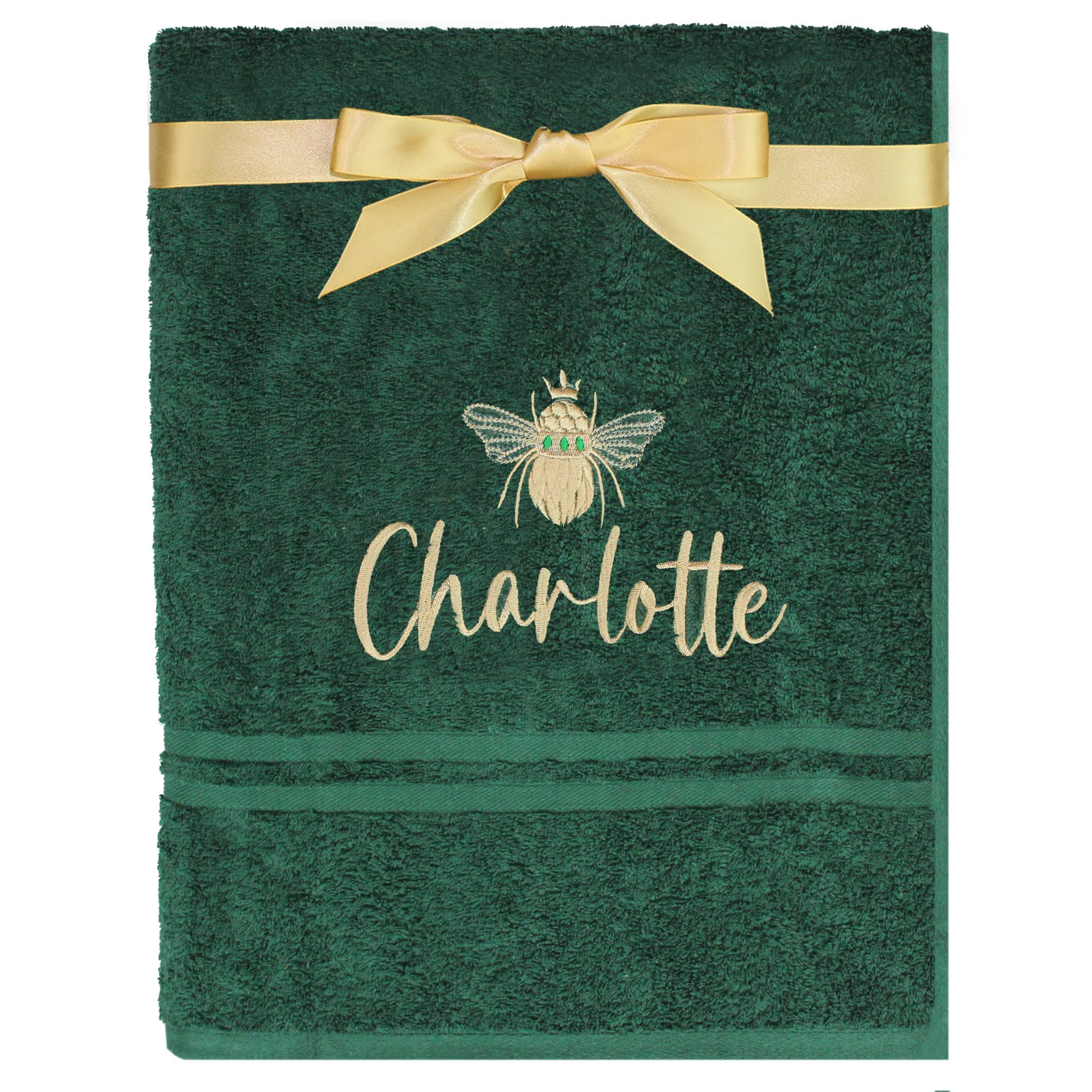 TeddyT's Personalised Gold Bee Embroidered Towel (Bath Towel, Bottle Green)