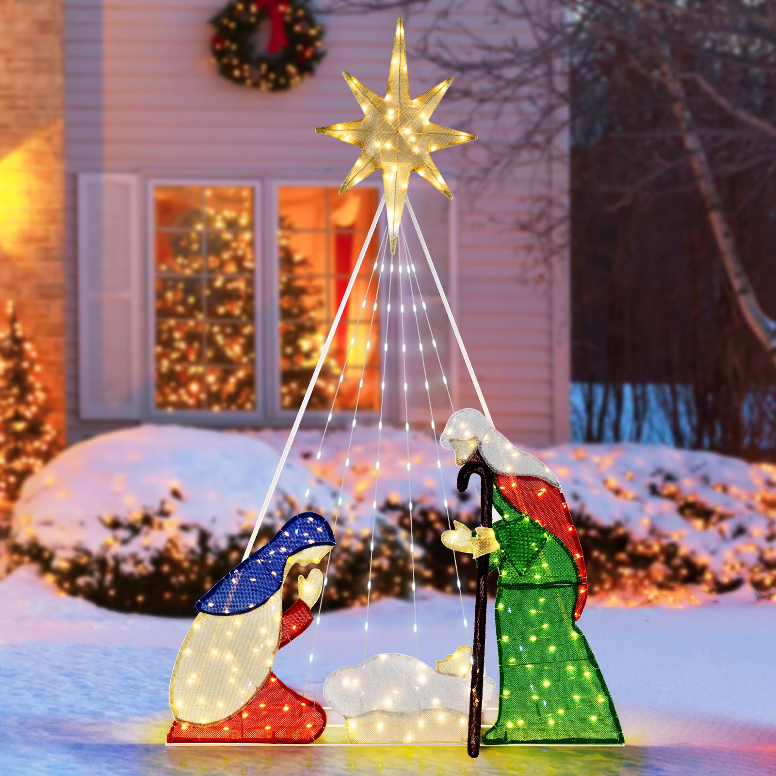 COSTWAY Krippe Weihnachten, 180 cm große Weihnachtskrippe mit 240 warmweißenLED-Lichtern, beleuchtete Weihnachtsdeko Krippenszene, Weihnachtsdekoration, Weihnachtsbeleuchtung für außen, innen