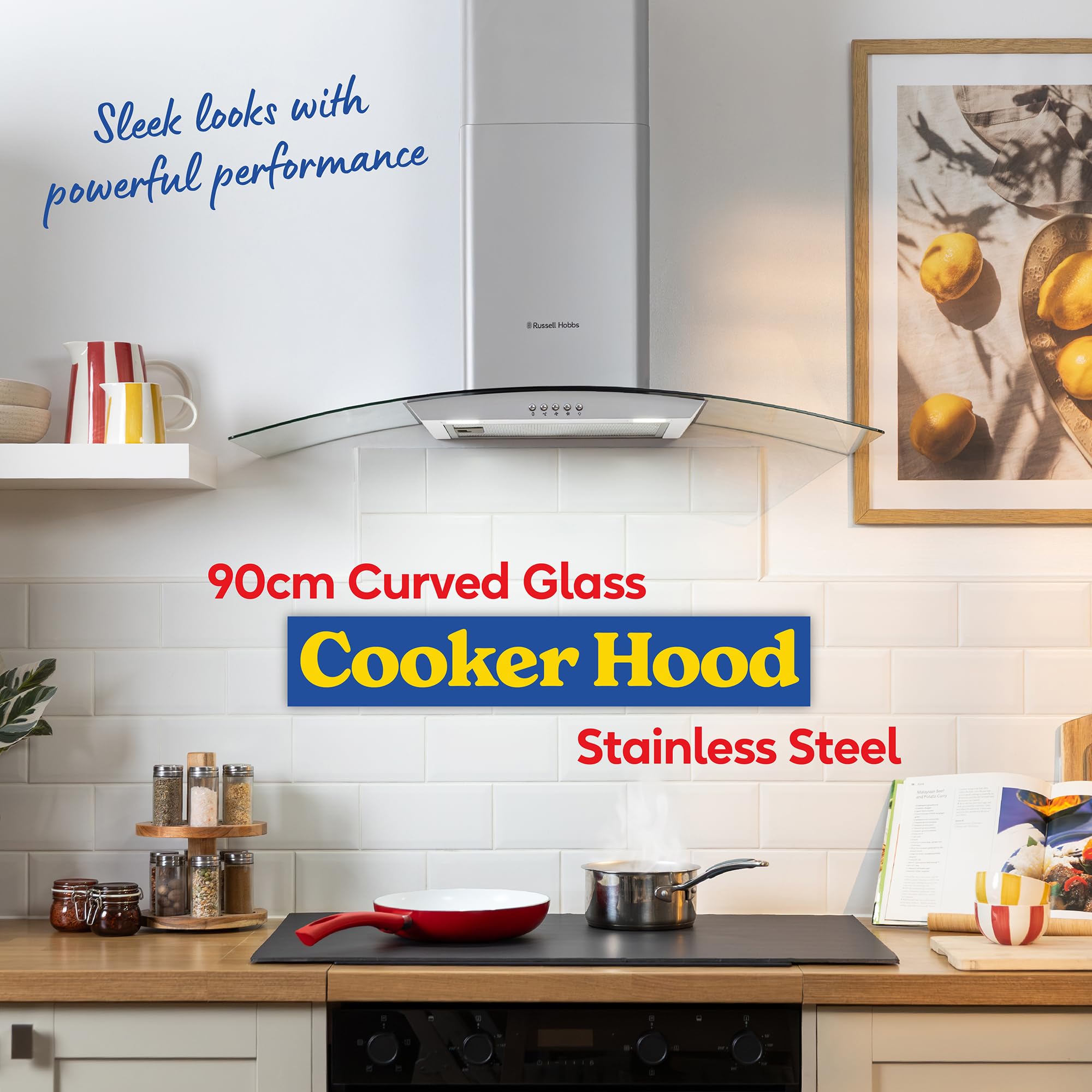 Russell Hobbs 90cm Curved Glass Cooker Hood in Stainless Steel with 3 Speed Settings, 1 x Carbon Filter, Extraction or Recirculation, 500m³/h Extraction Rate, A+ Energy Rating, RH90GCH92A1SS - 3