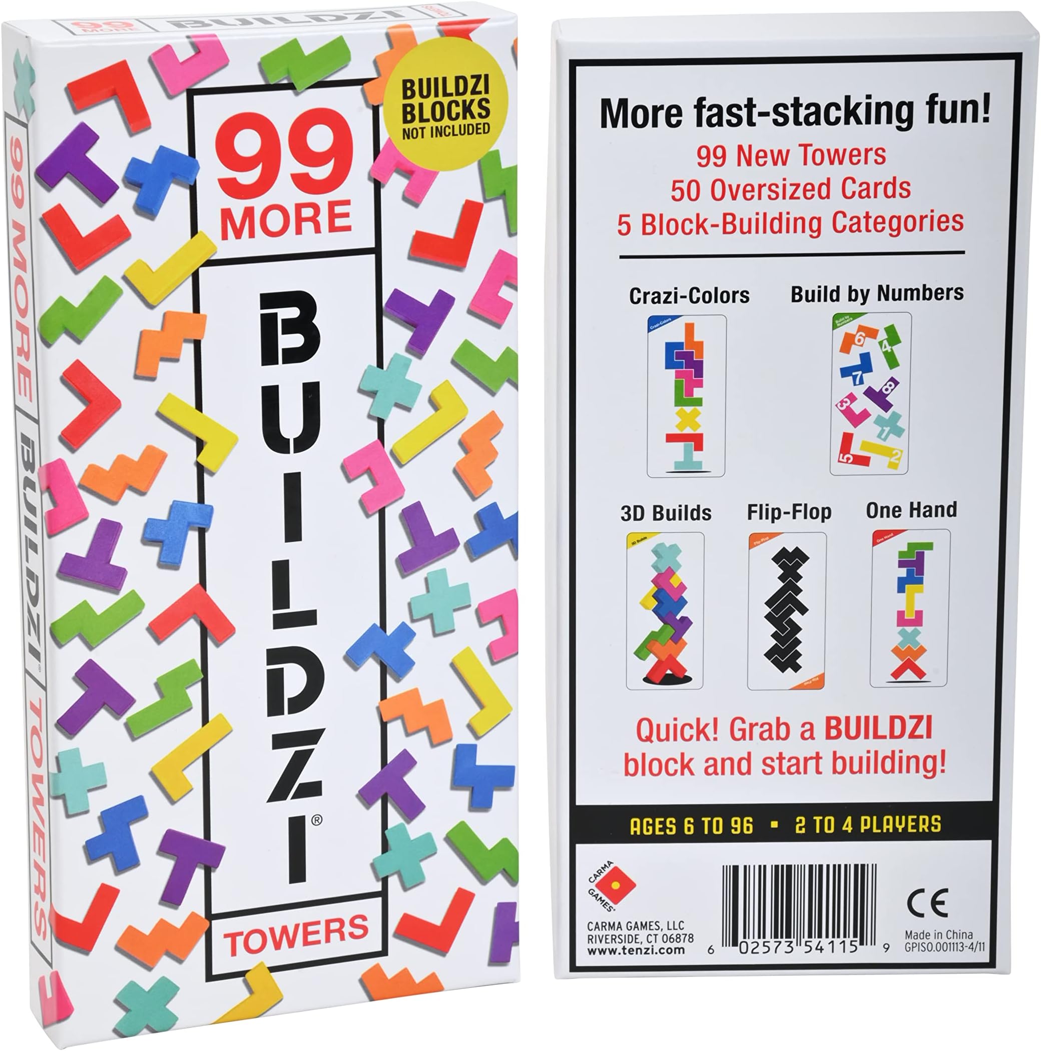 99 More BUILDZI Towers - 99 New Towers in 5 New Tower Types Expand The Fast Stacking Game for The Whole Family - 2 to 4 Players Ages 6 to 96 - Fun Party Games Including The BUILDZI Challenge
