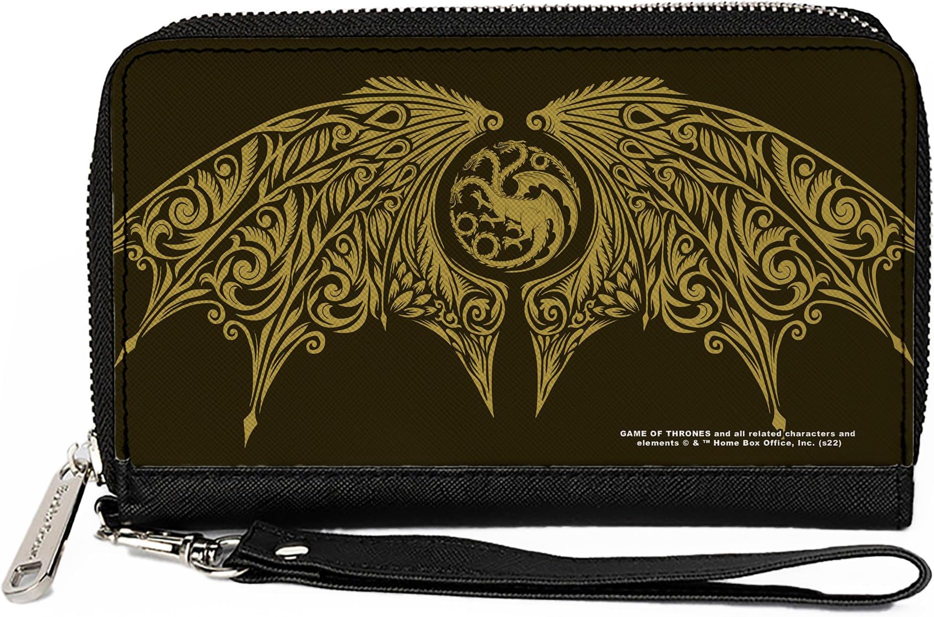 Buckle-DownHouse of the Dragon Icon and Wings Black Yellow Vegan Leather Zip-Around Wallet, 7.5"x4.5", Women/Unisex, Adult, Casual, 6 Card Slots, Detachable Wristlet Strap, Officially Licensed