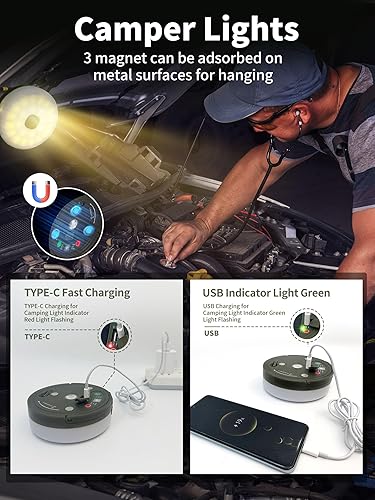 Miniatura 4 de Cadena de luces retráctiles mejoradas, 33 pies de cadena de luces con broche recargable para colgar, 9 modos, tienda de campaña al aire libre,